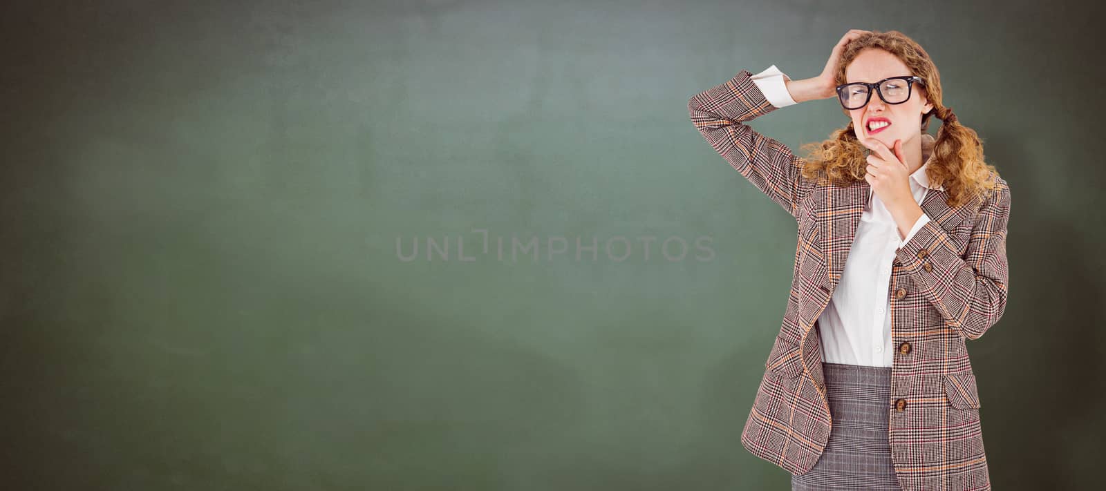 Composite image of geeky hipster thinking with hands on chin and temple by Wavebreakmedia