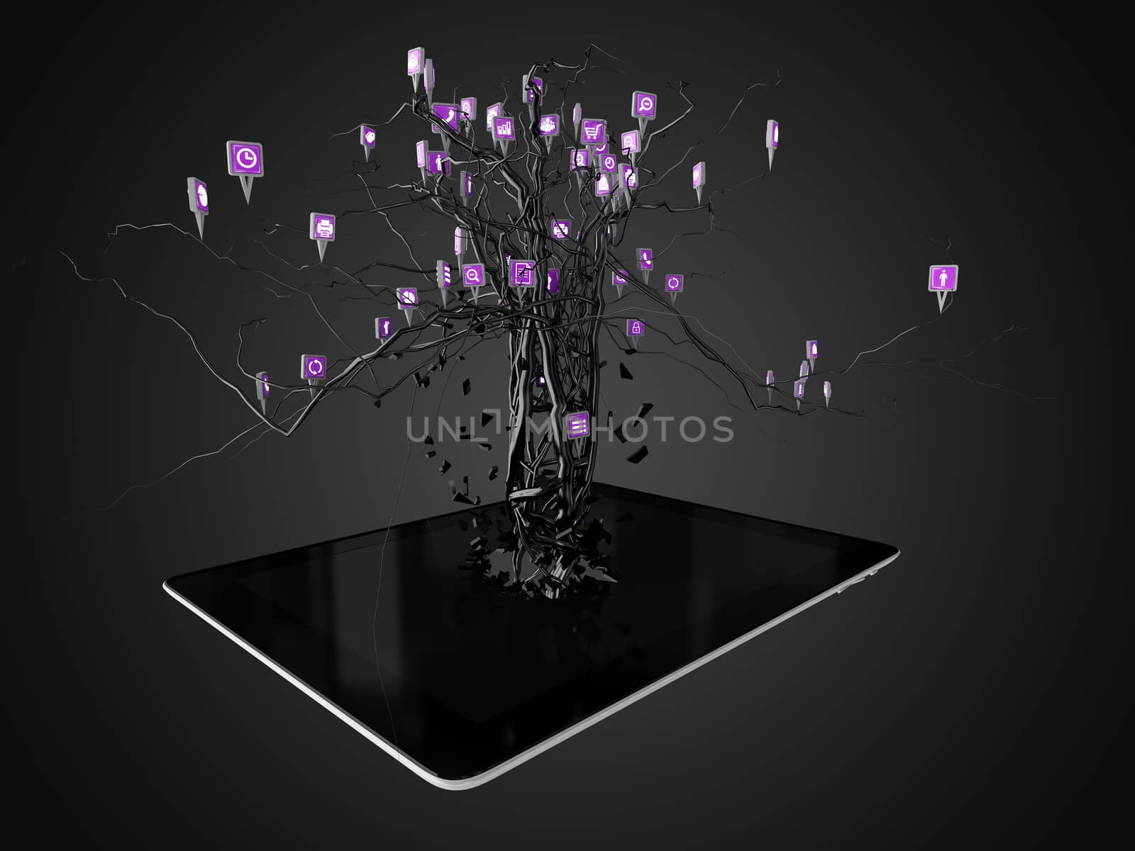 Social media icons set in tree shape on Modern black tablet pc, concept