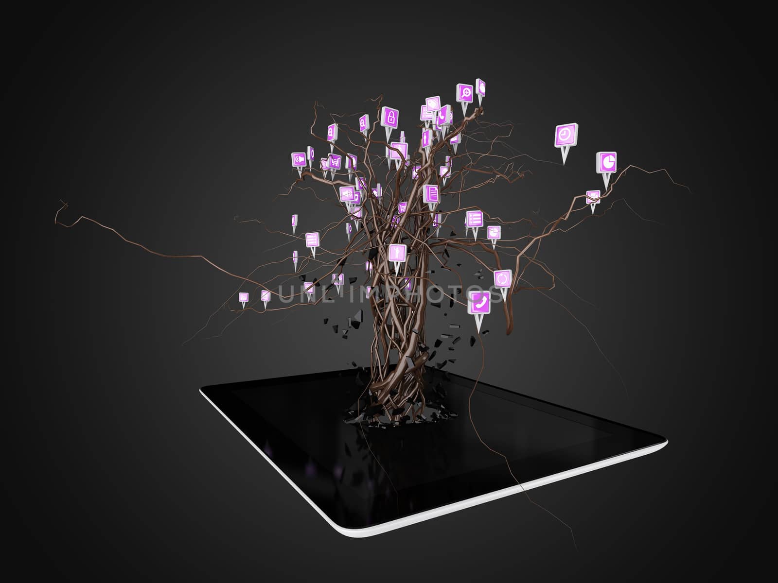 Social media icons set in tree shape on Modern black tablet pc. by teerawit