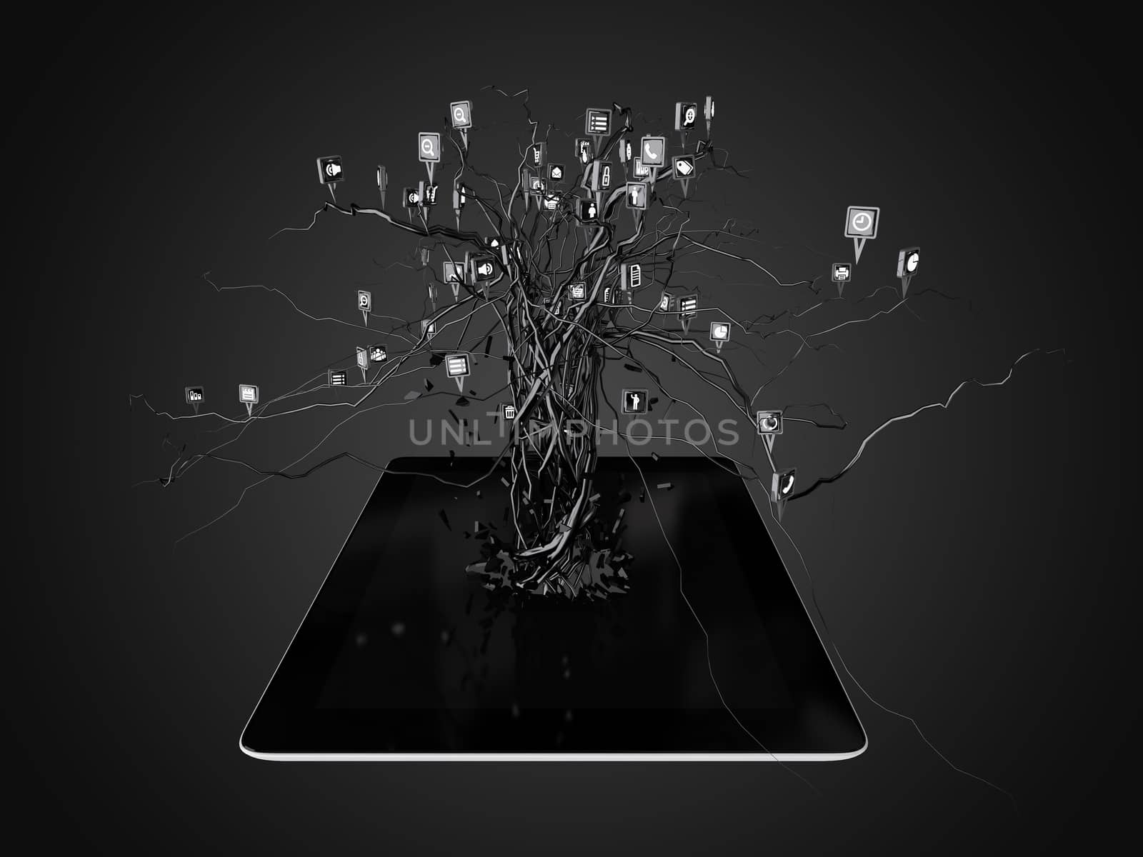 Social media icons set in tree shape on Modern black tablet pc, concept