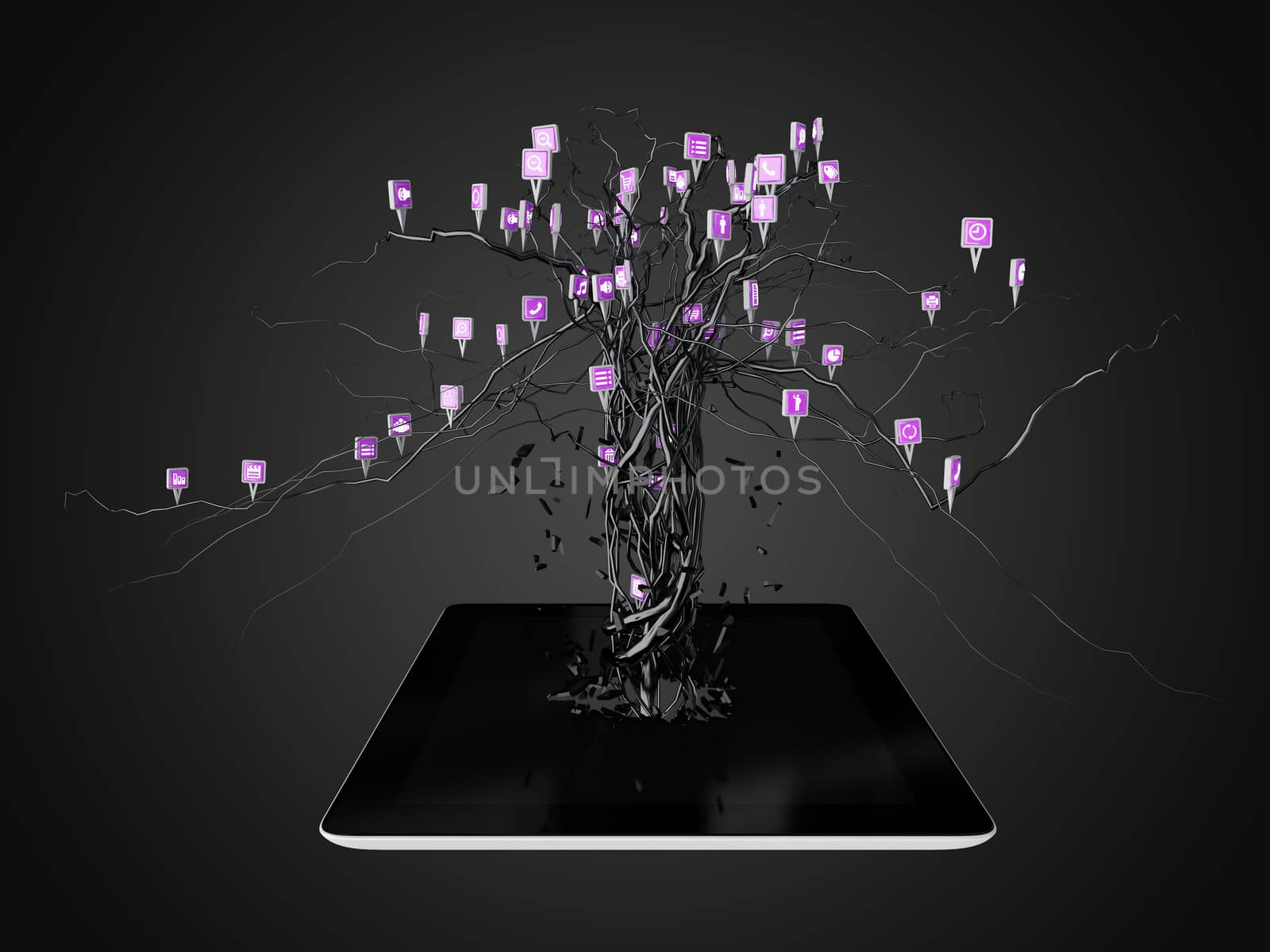 Social media icons set in tree shape on Modern black tablet pc. by teerawit