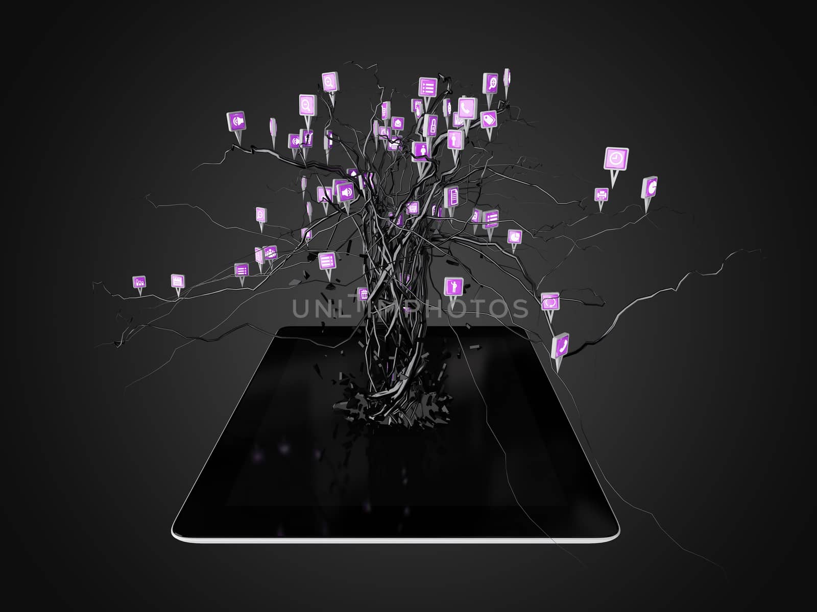 Social media icons set in tree shape on Modern black tablet pc. by teerawit