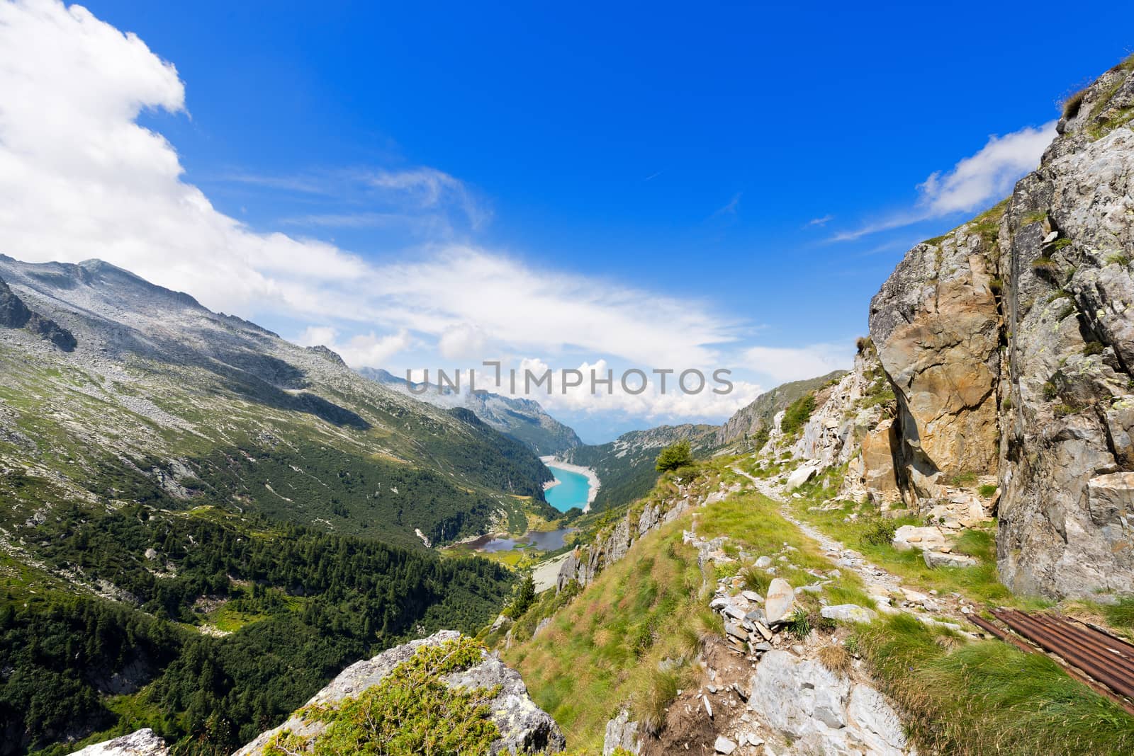 Ghilarda Valley and Lake of Arno (man made lake) seen from Campo pass. Adamello, Lombardy, Italy