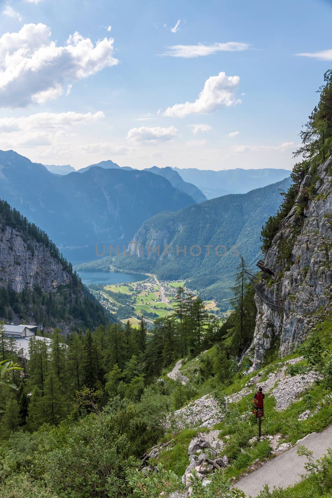 View from the exit of the mammoth cave to Obertraun and the Krippenstein / Dachstein mountains