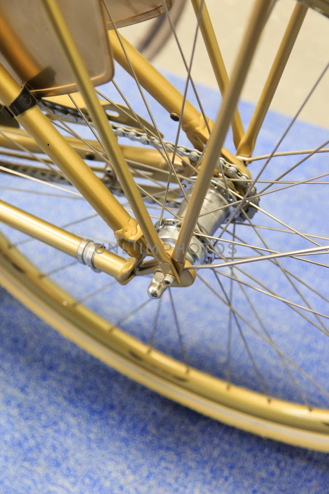 Close up detailed view of steering wheelsand rims of vintage bicycle.