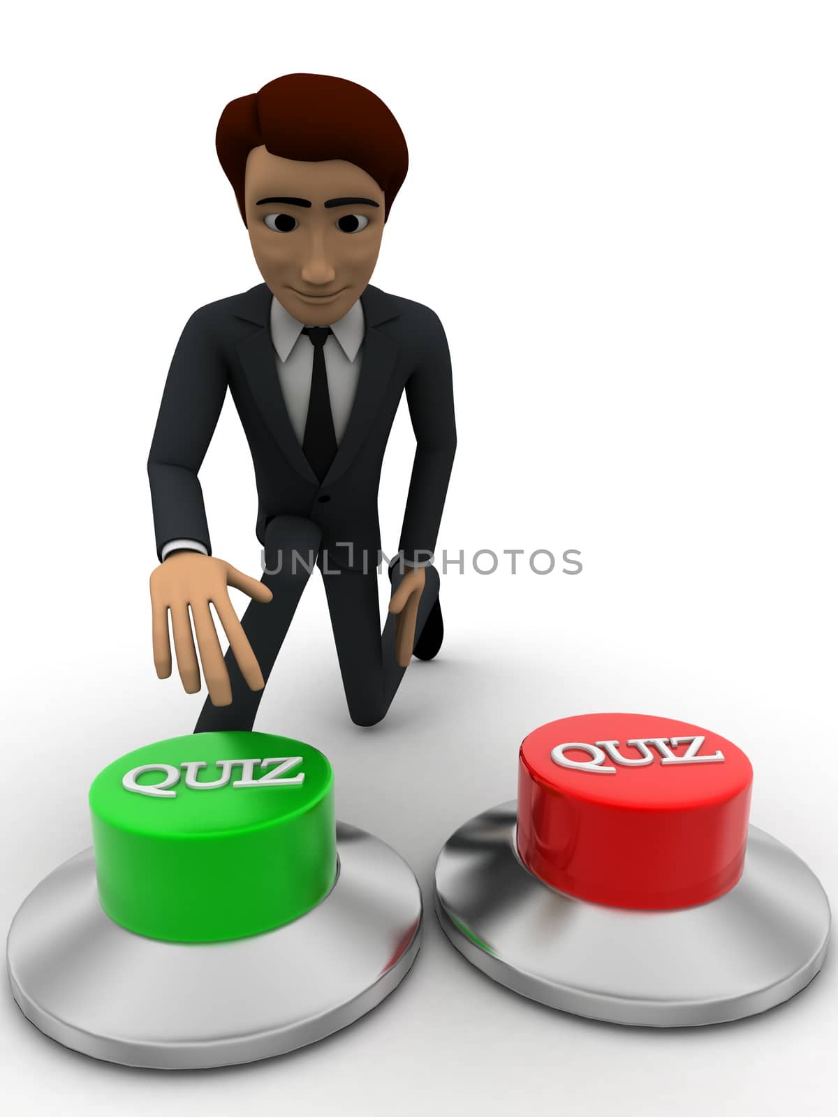 3d man press green quiz button concept on white background, front angle view