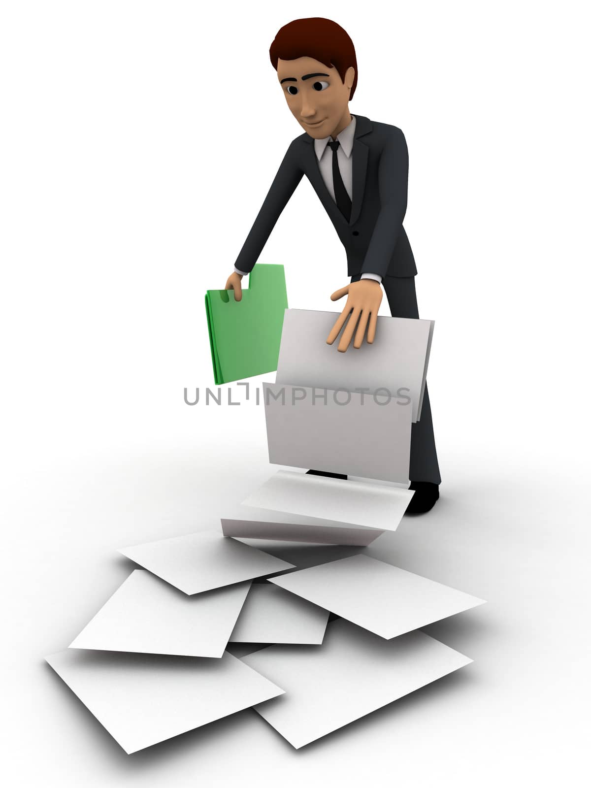 3d man holding paper and lost of paper work concept on white background, side angle view