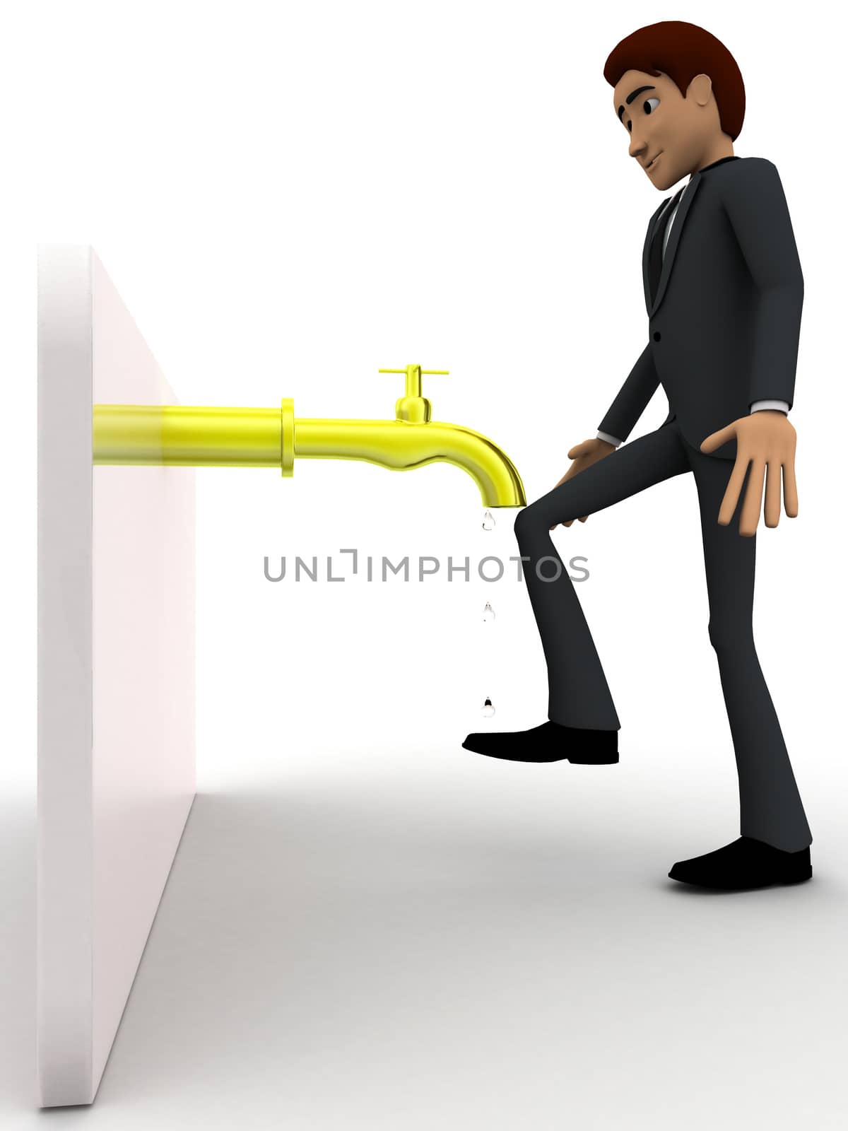 3d man wash leg under water pipe concept on white background, side angle view