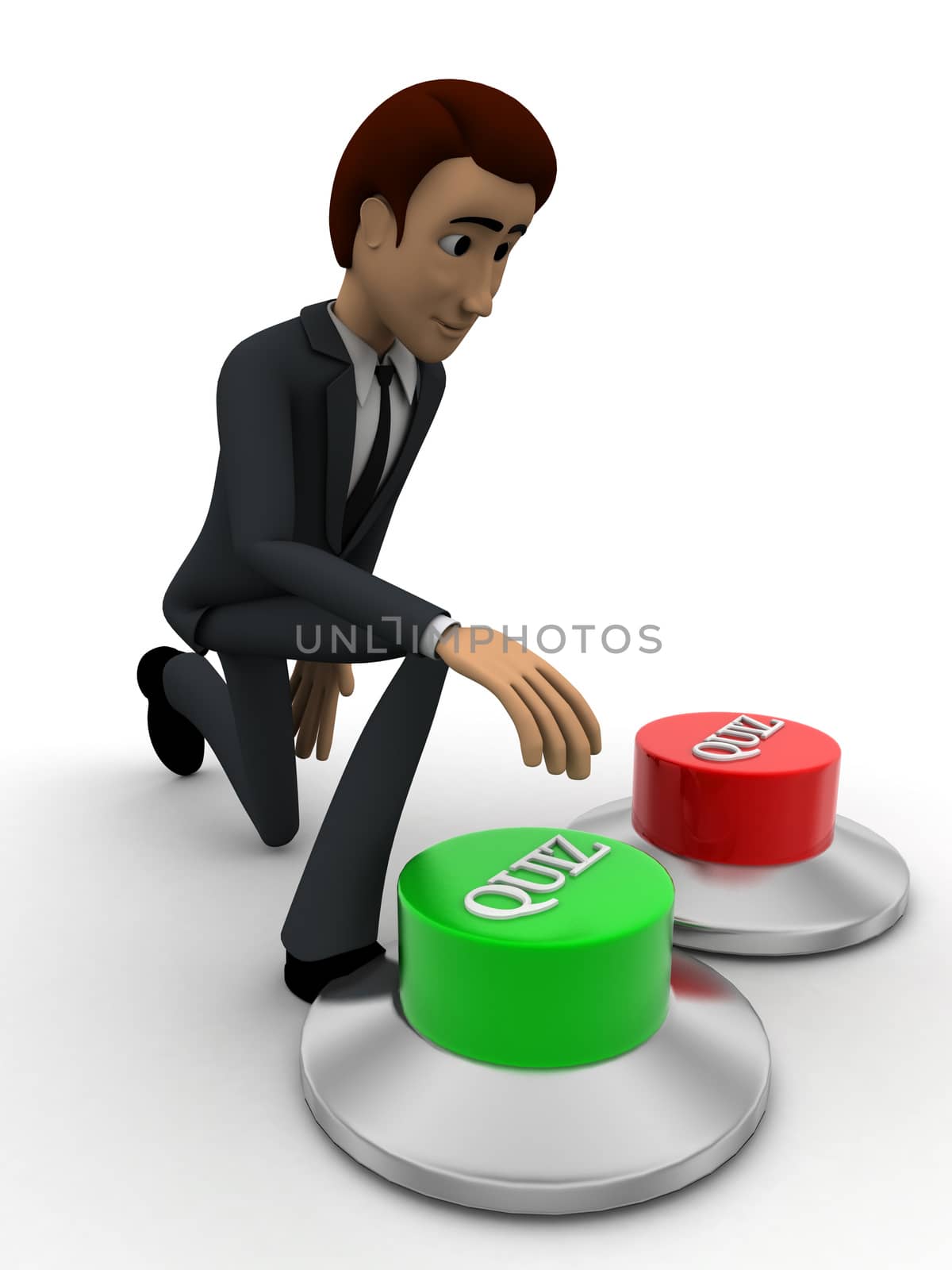 3d man press green quiz button concept on white background, side  angle view