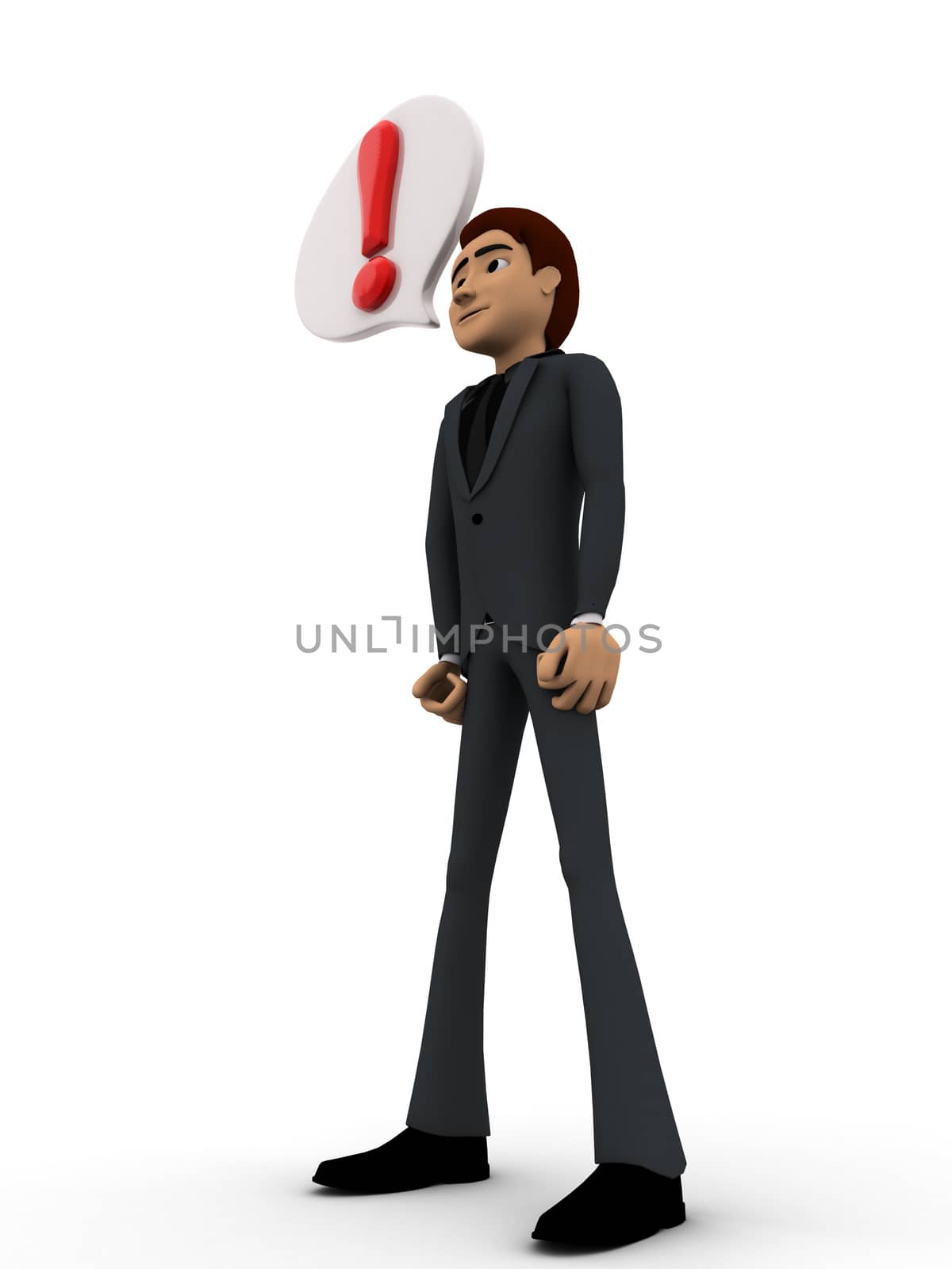 3d man with exclamation mark in chat bubble concept on white background, side angle view