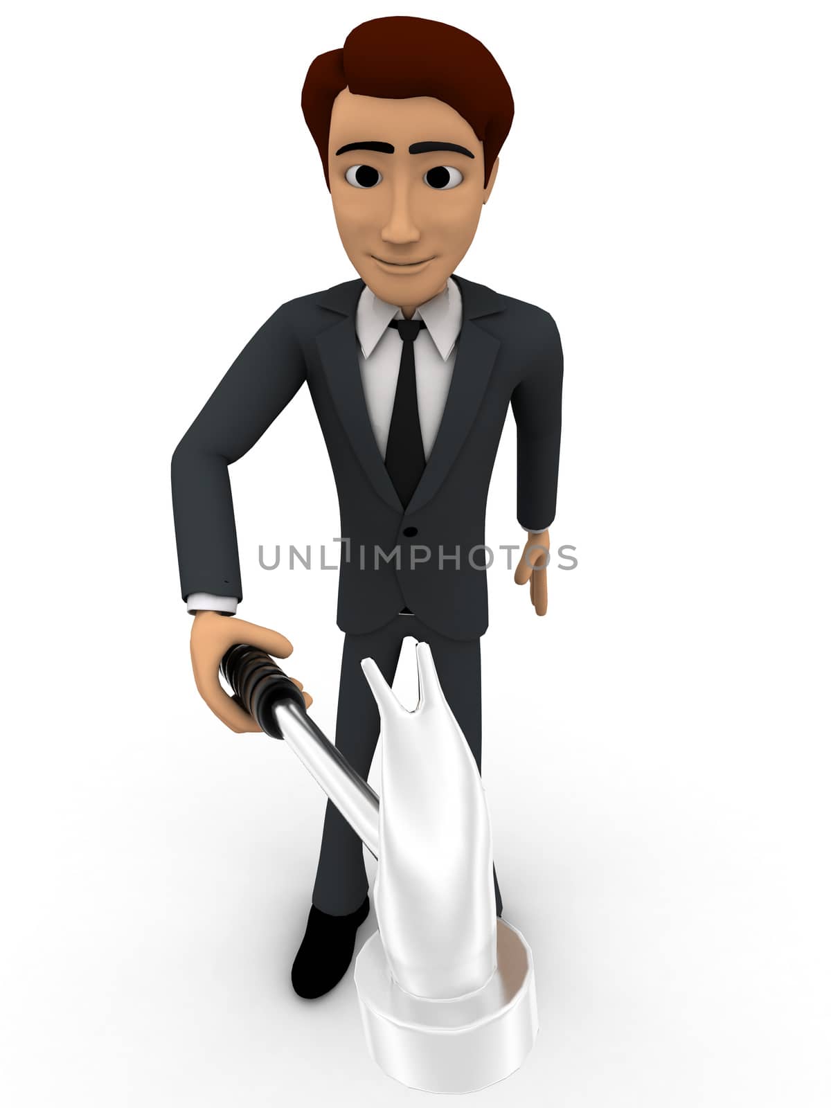 3d man holding hammer in one hand concept on white background, front angle view