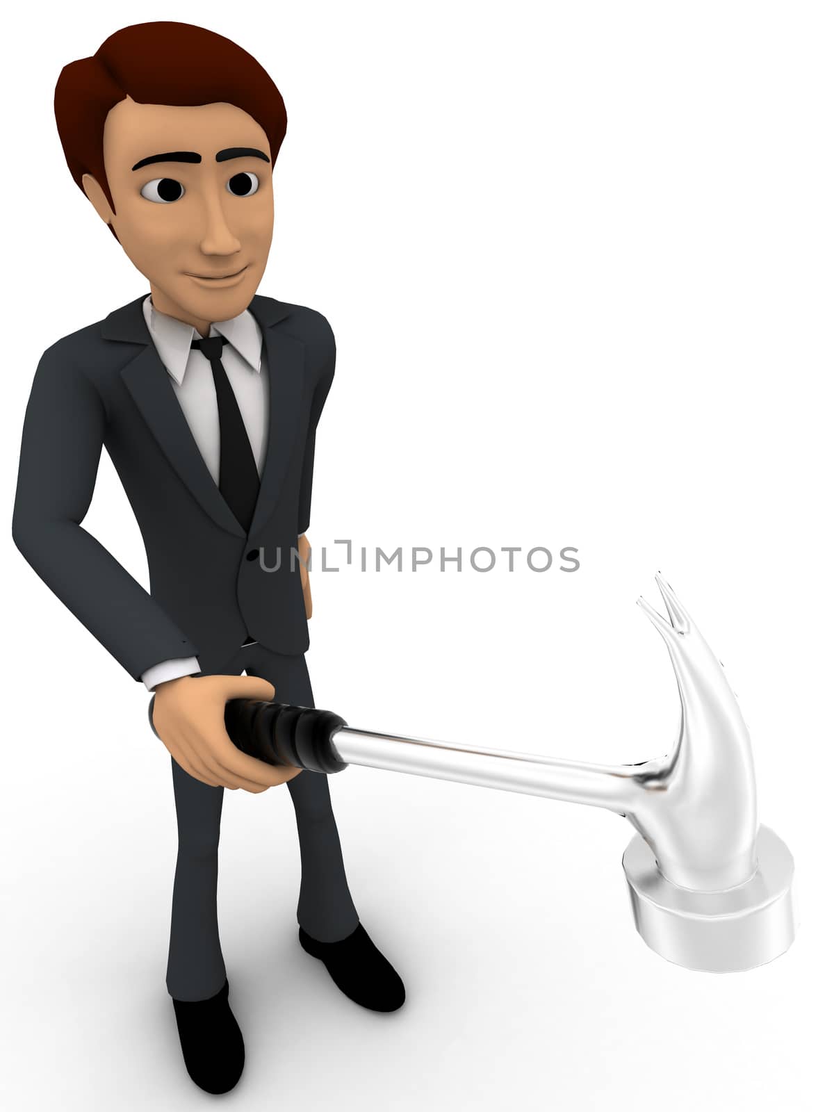 3d man holding hammer in one hand concept on white background, top angle view