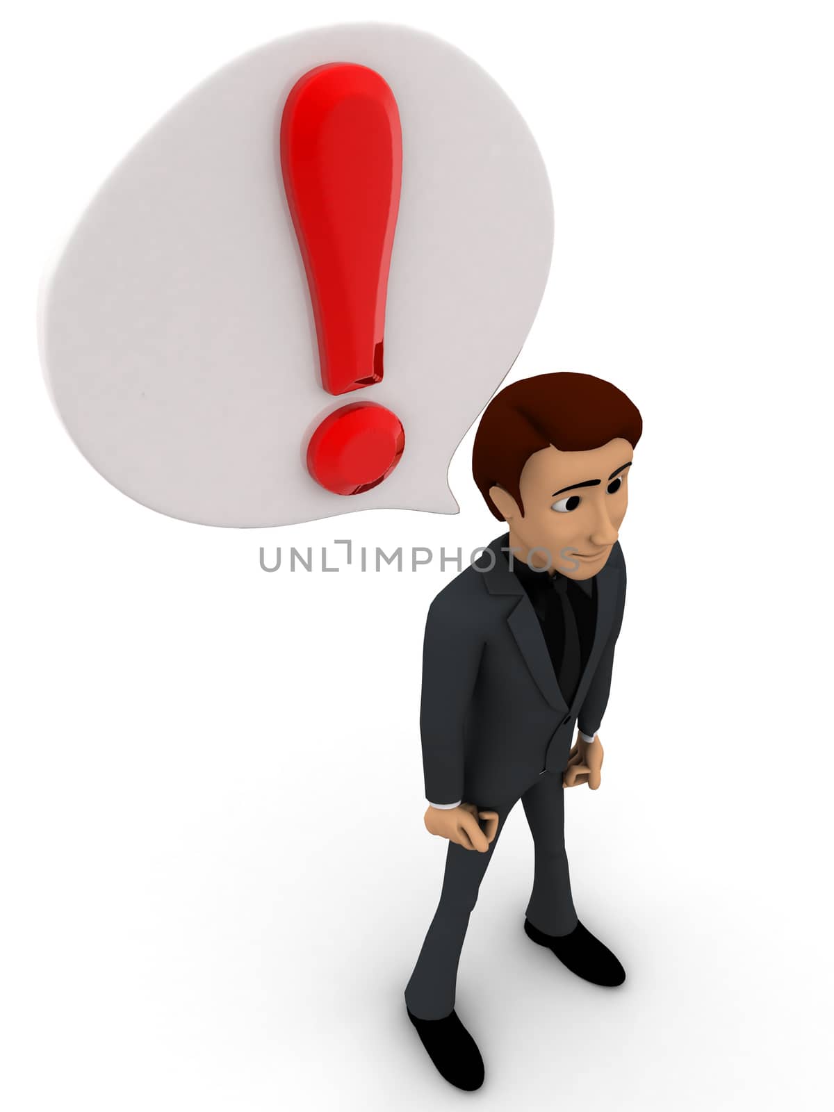 3d man with exclamation mark in chat bubble concept on white background, top angle view