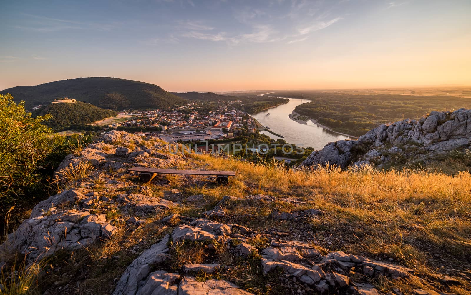 View of Small City of Hainburg an der Donau with Danube River as Seen from Rocky Braunsberg Hill at Beautiful Sunset