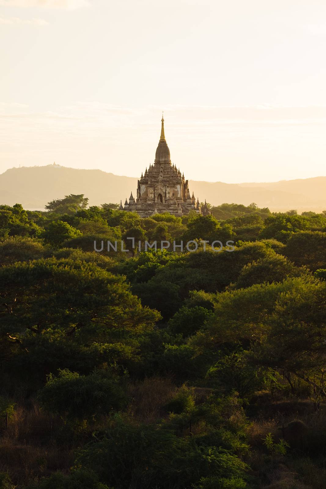 Beautiful golden hour sunset with ancient temple, Bagan by martinm303