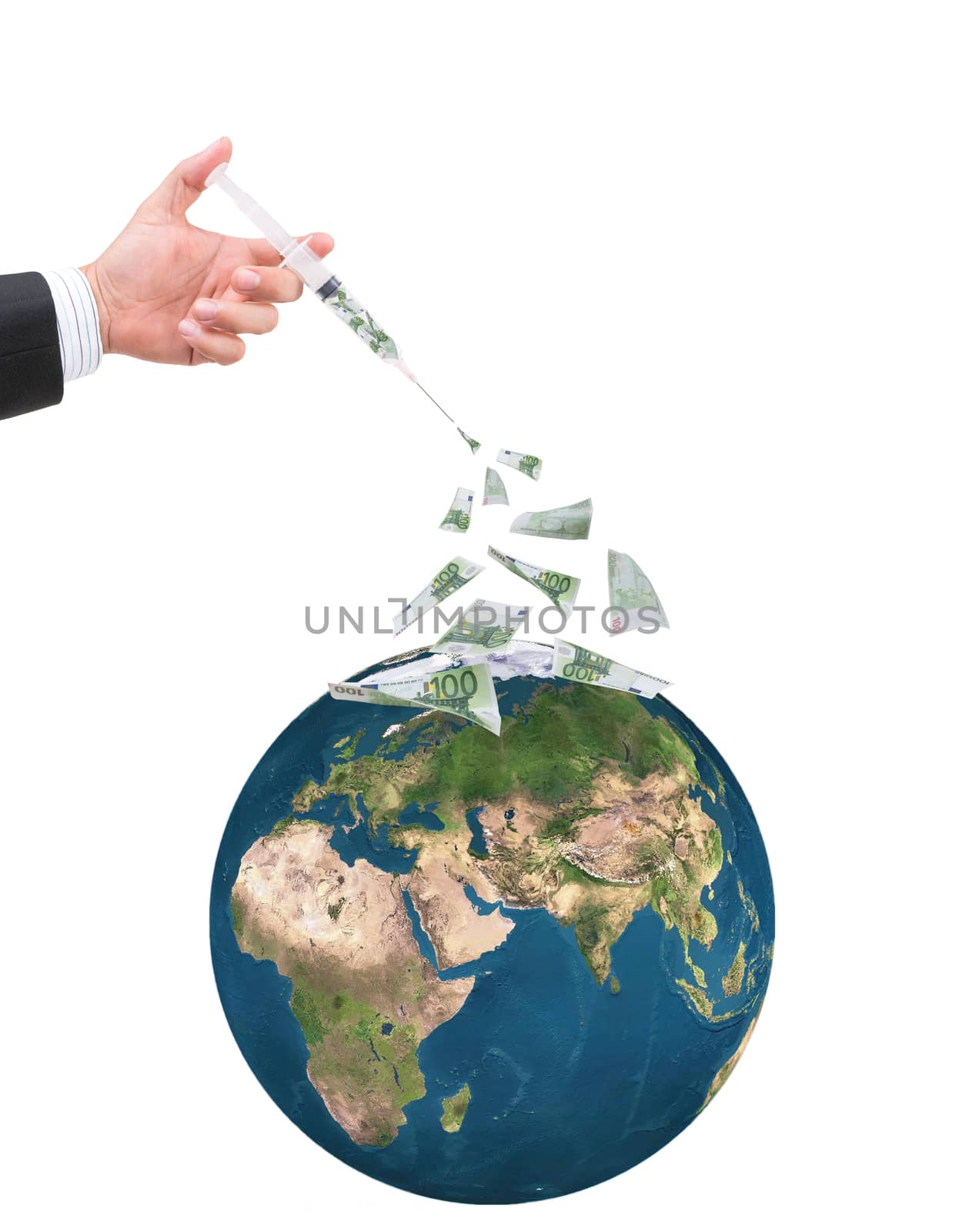 hand holding syringe filled with currency on white background.Elements of this image furnished by NASA.