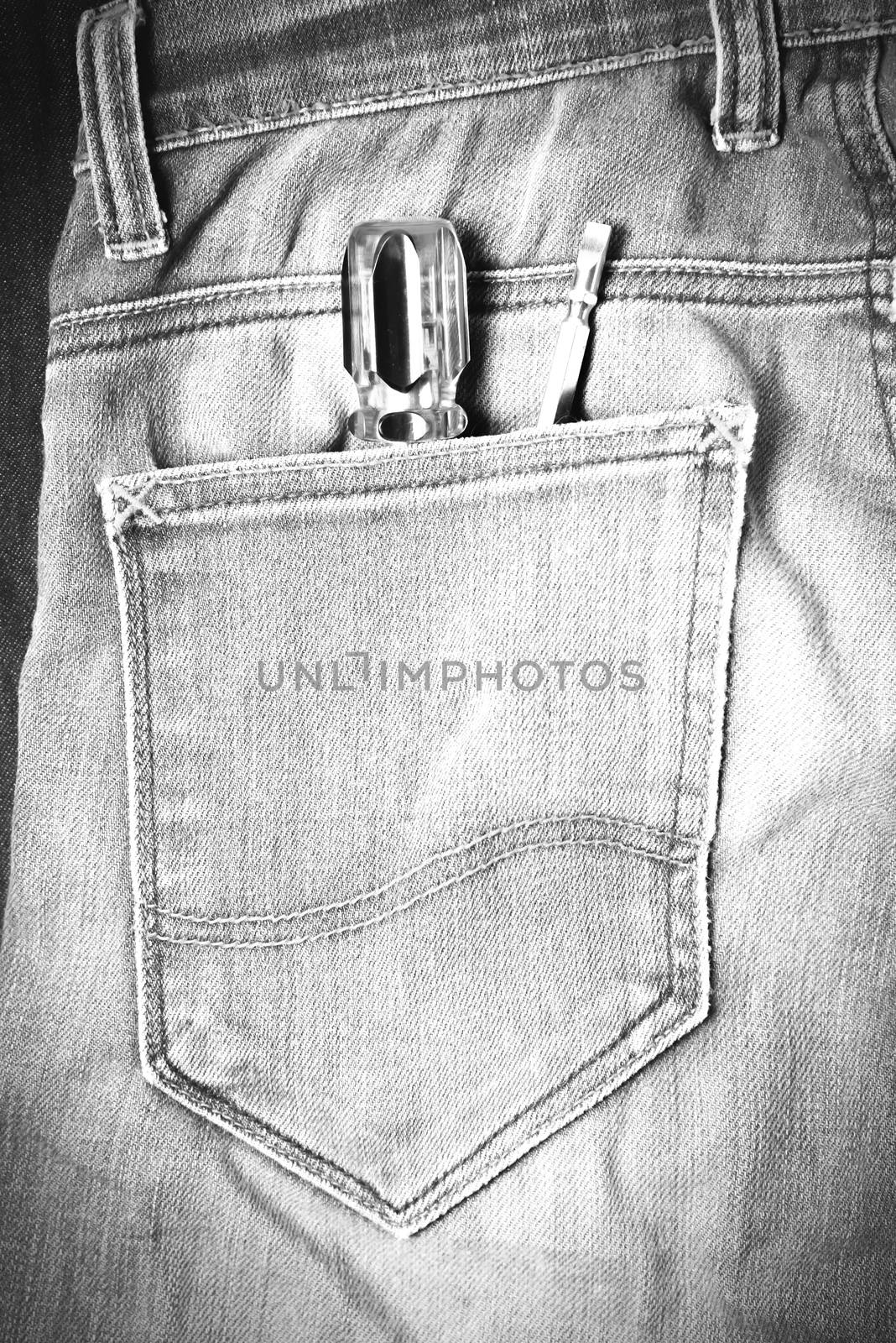 screwdriver in jean pocket pants black and white tone color style