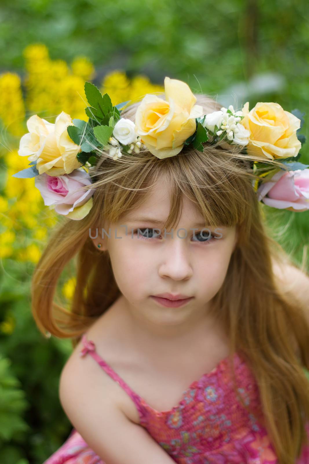 Girl 6 years old in a wreath in the meadow. Vertical framing