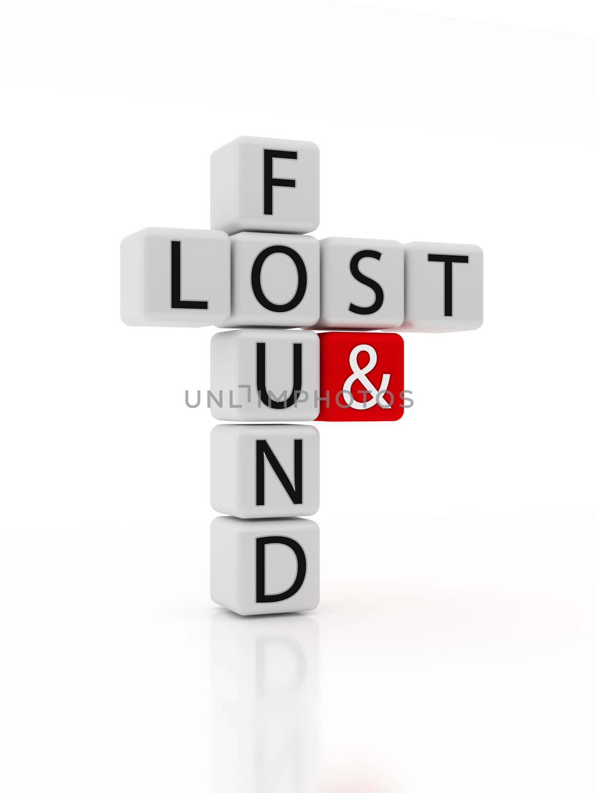 Lost and Found Puzzle - Dice containing the text lost and found crossed. Isolated on a white background.