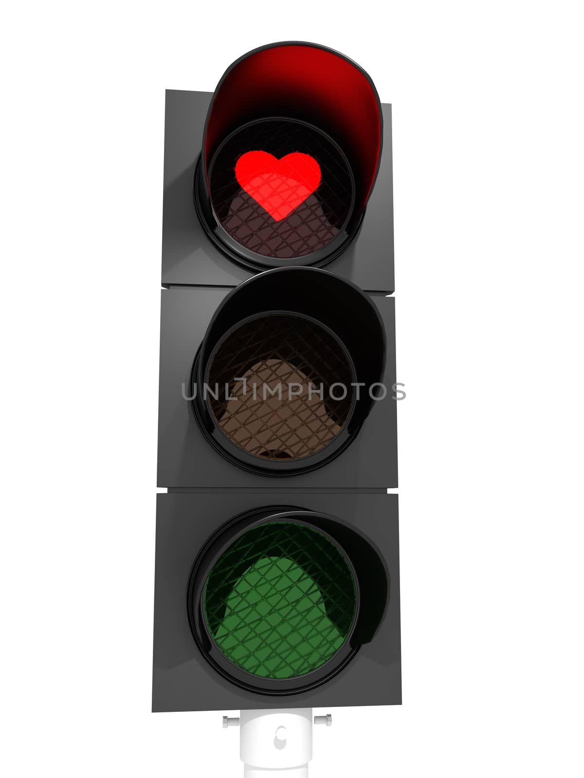 A traffic light showing a red heart in the red light.