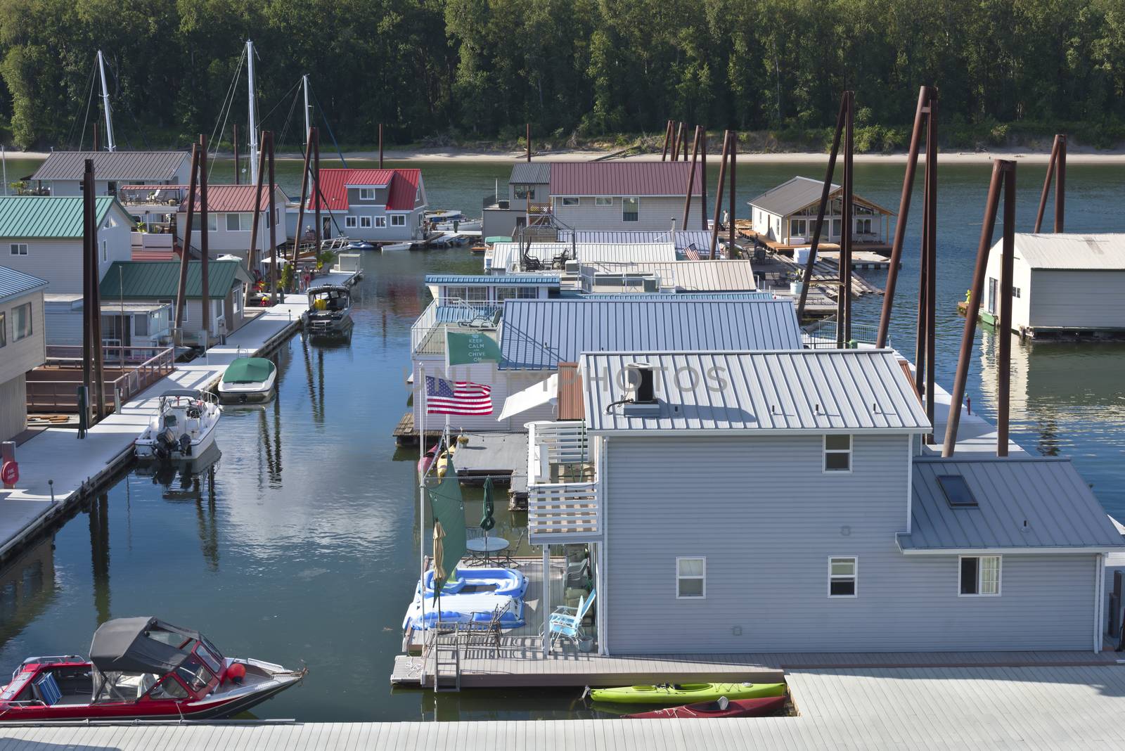 Floating houses neighborhood on the Columbia River Oregon.