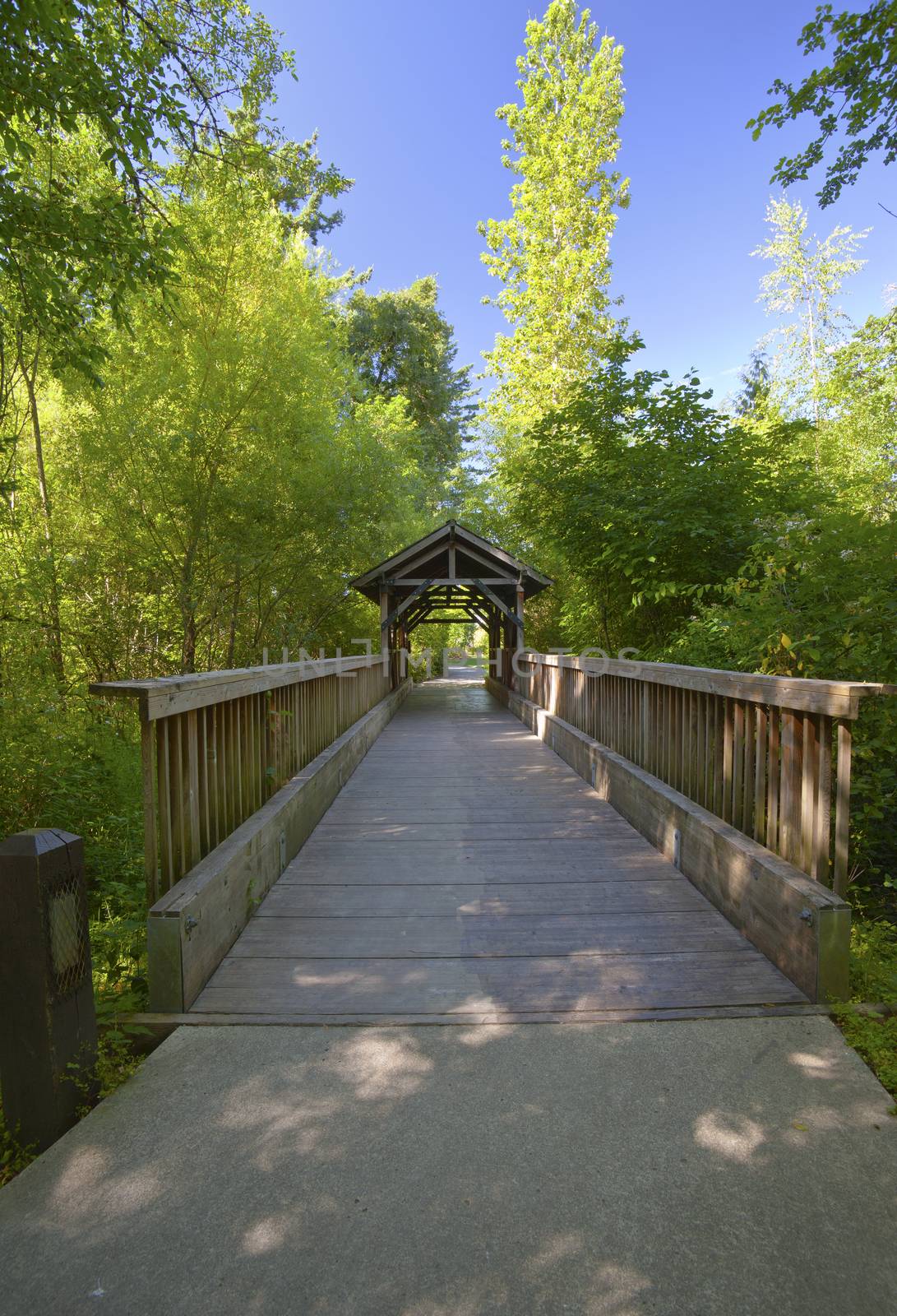 Small wooden covered bridge in Fairview Village Oregon.