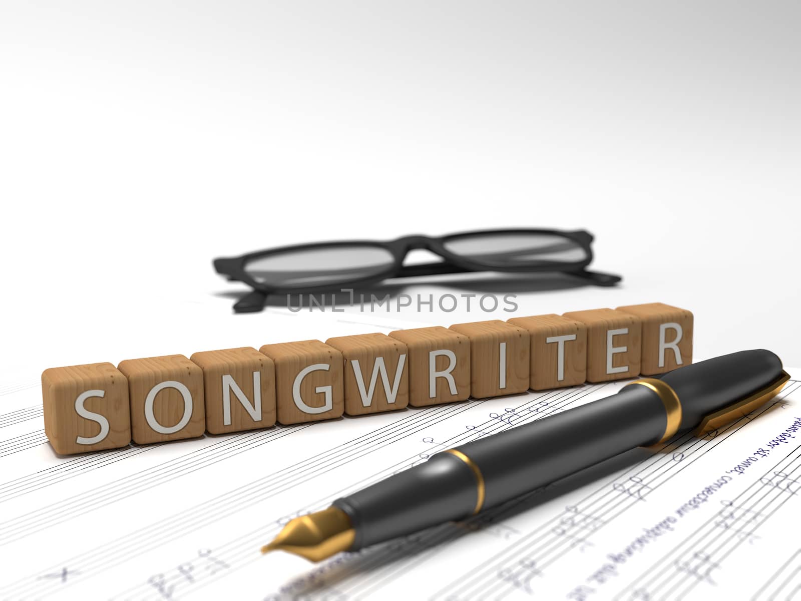 Songwriter - dices containing the word songwriter, a book, glasses and a fountain pen.