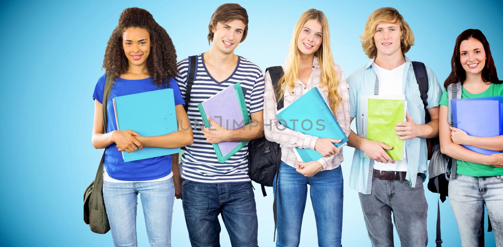 Happy college students holding folders against blue background with vignette