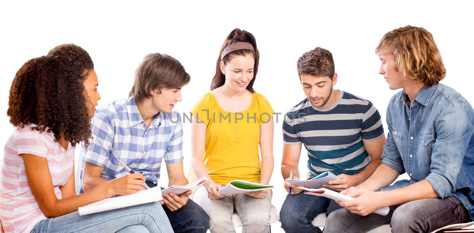 College students doing homework against white background with vignette