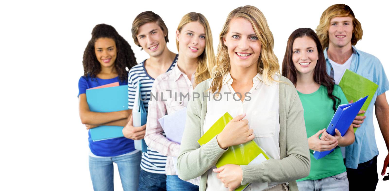 College students holding folders at college against white background with vignette