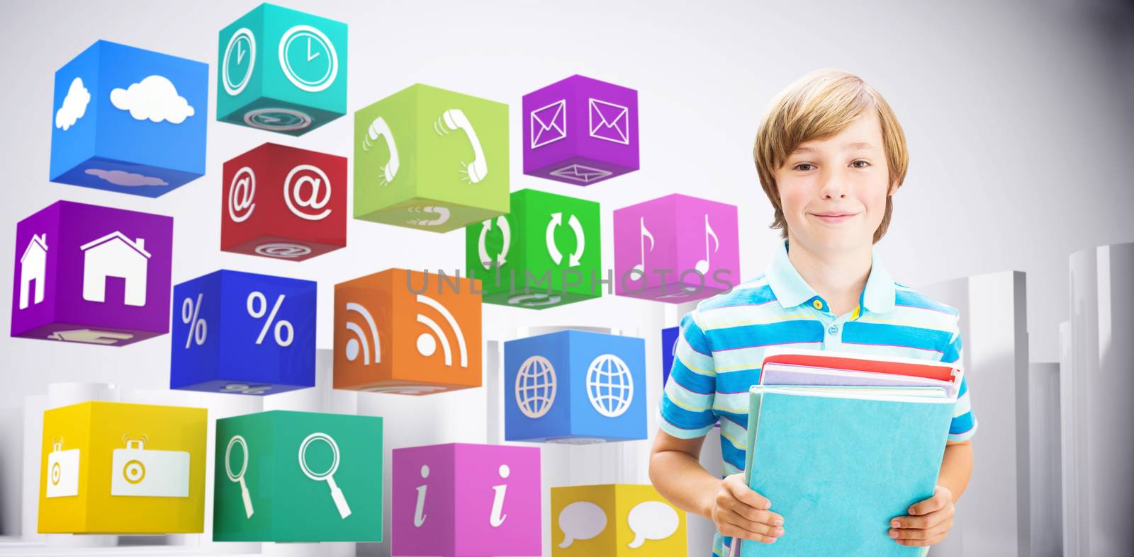 Cute pupil smiling at camera in library against abstract white room