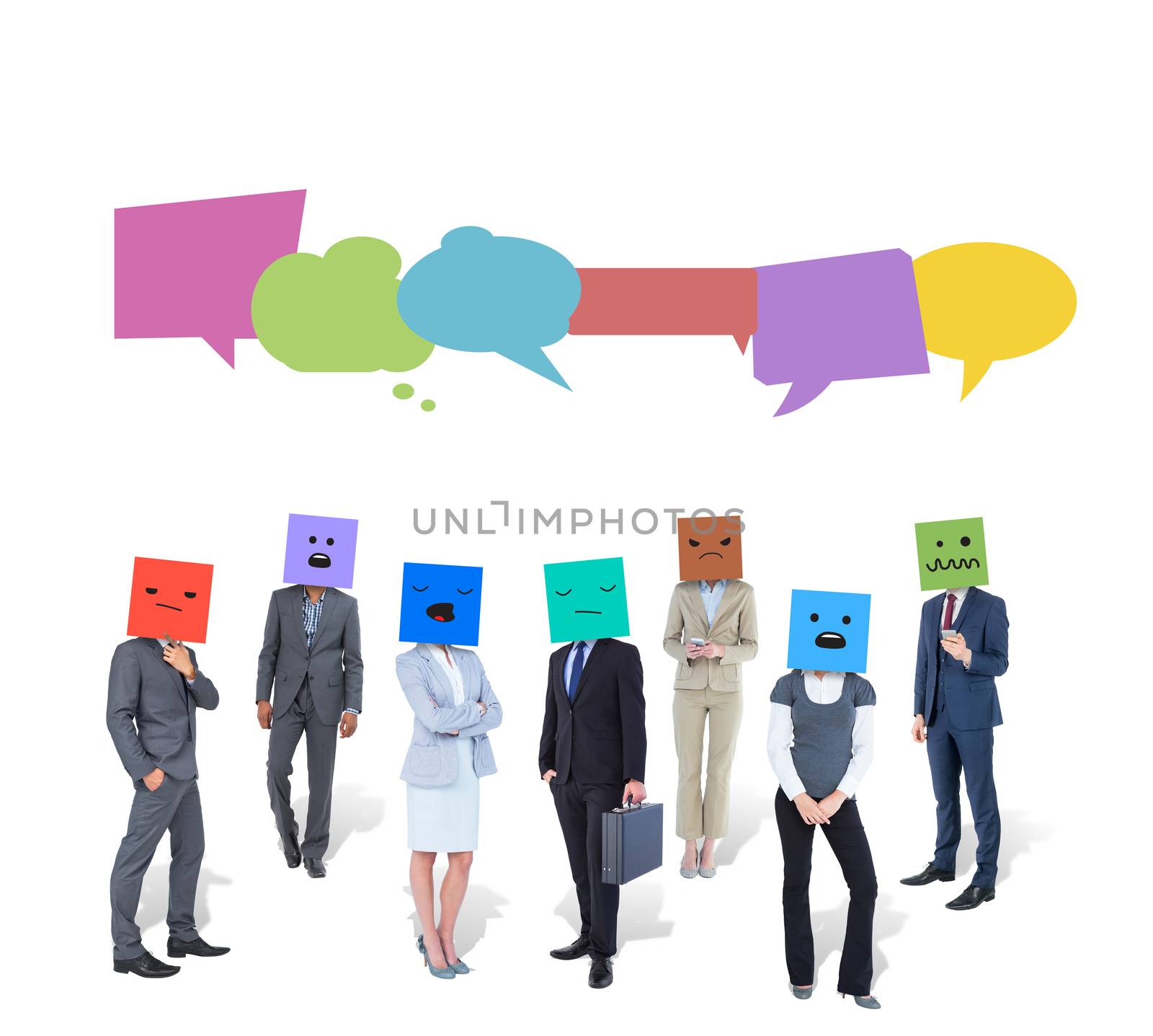 People with boxes on their heads against speech bubbles