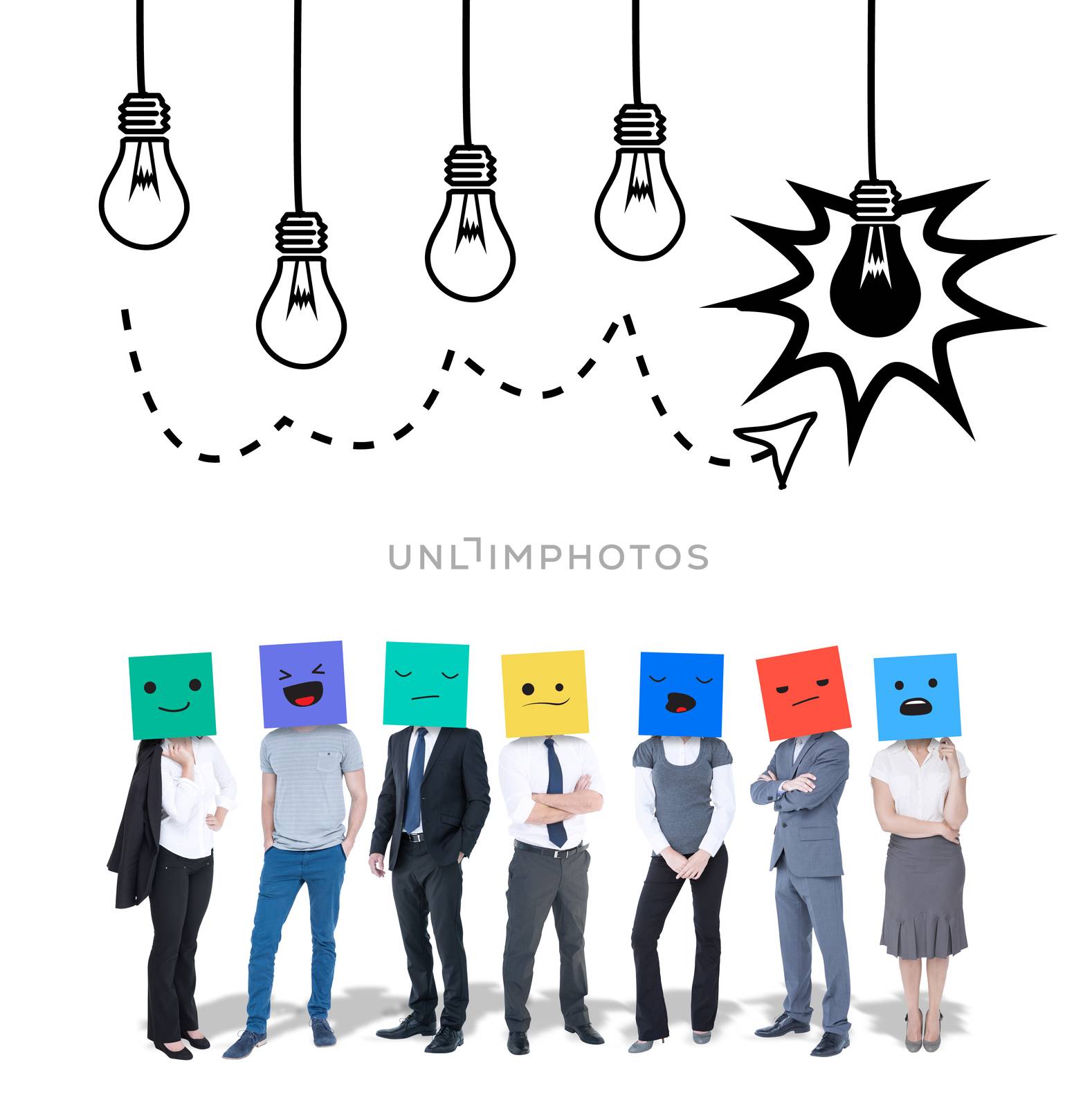 People with boxes on their heads against idea and innovation graphic