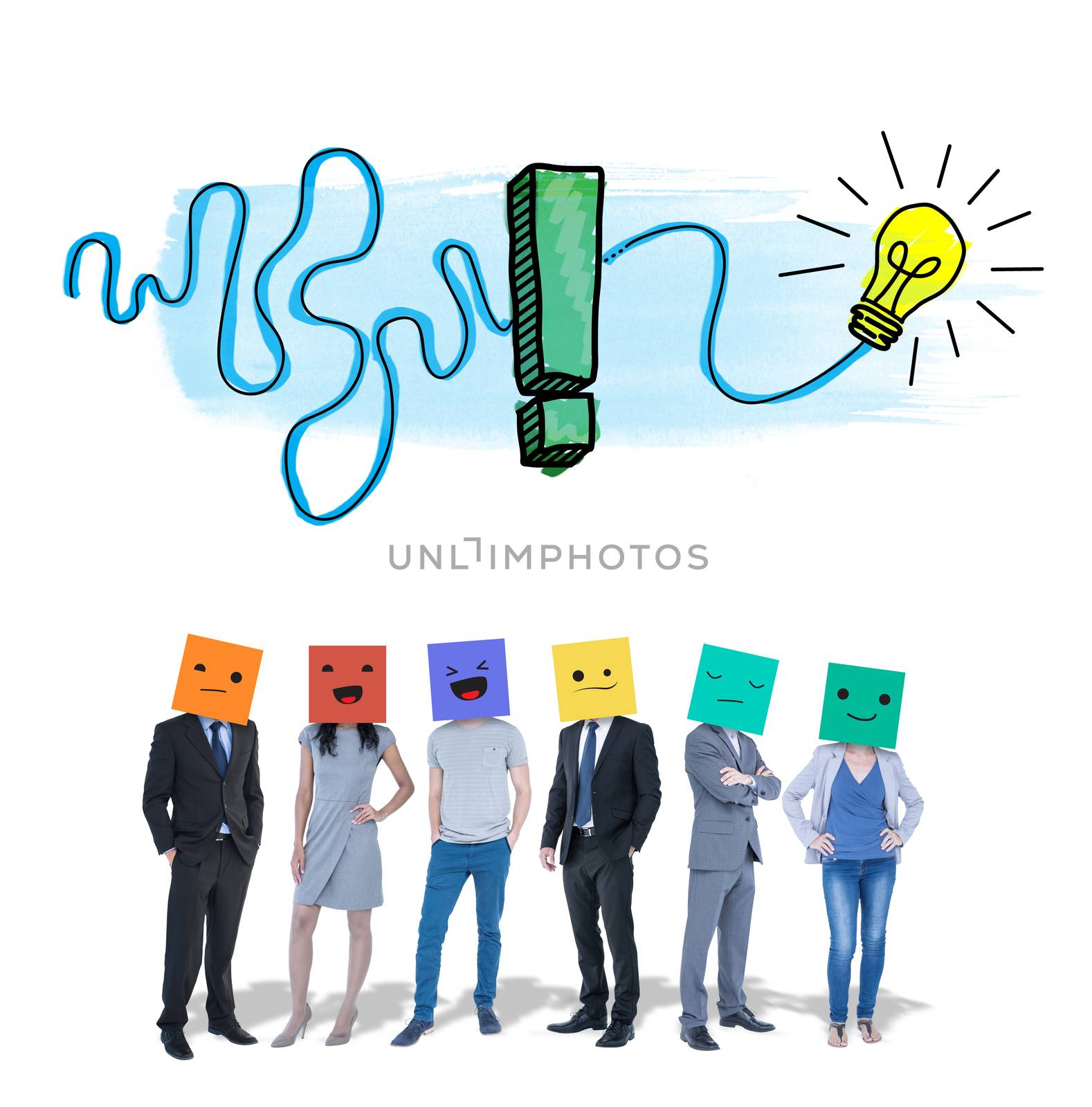 People with boxes on their heads against exclamation and light bulb
