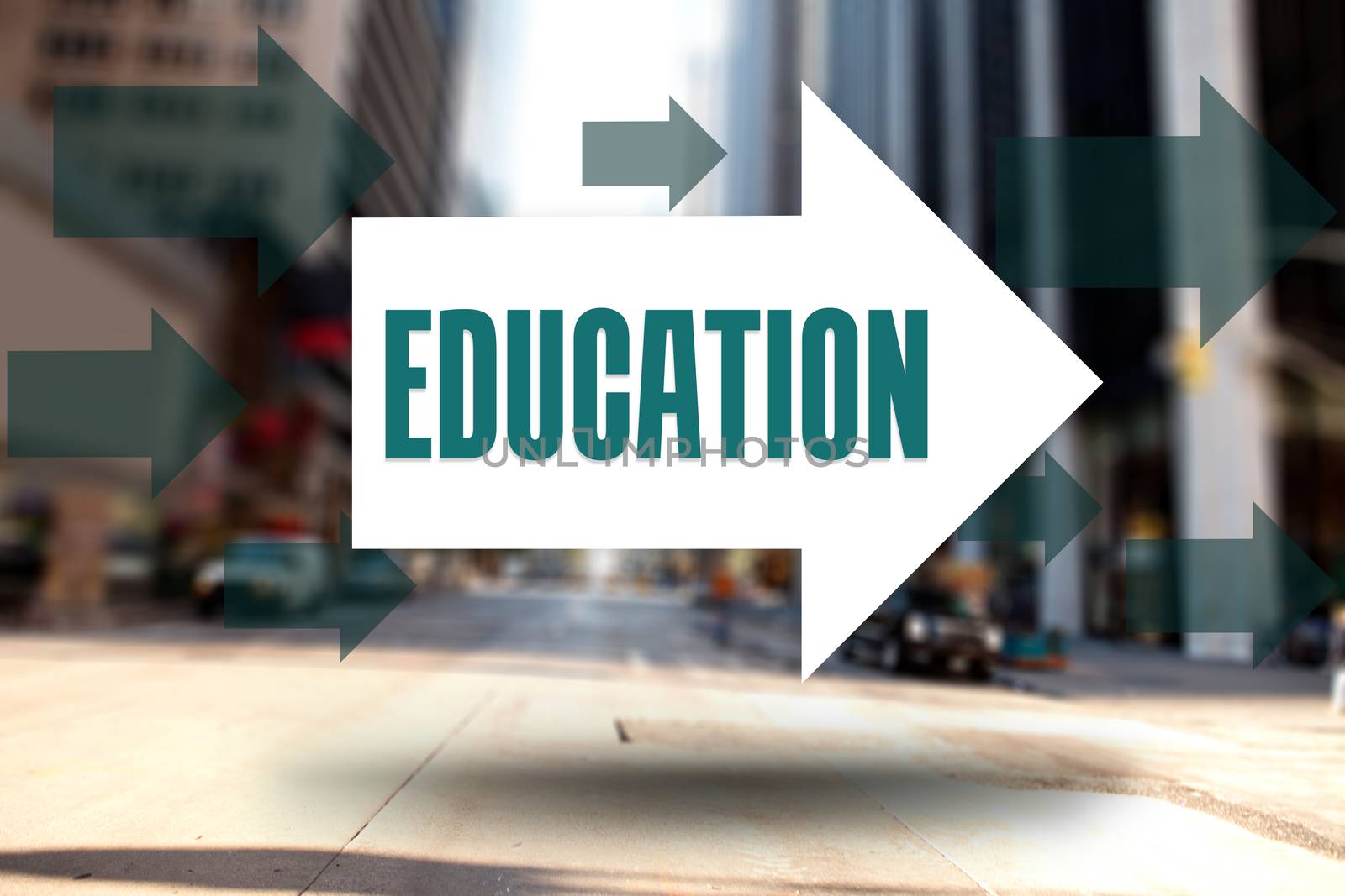The word education and arrows against new york street