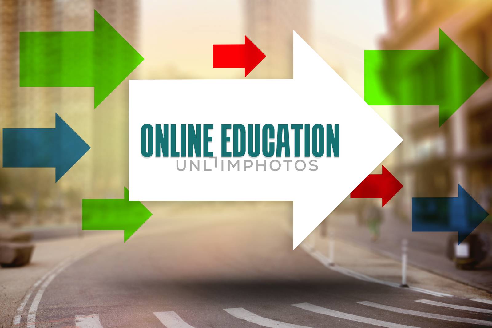 The word online education and arrows against new york street