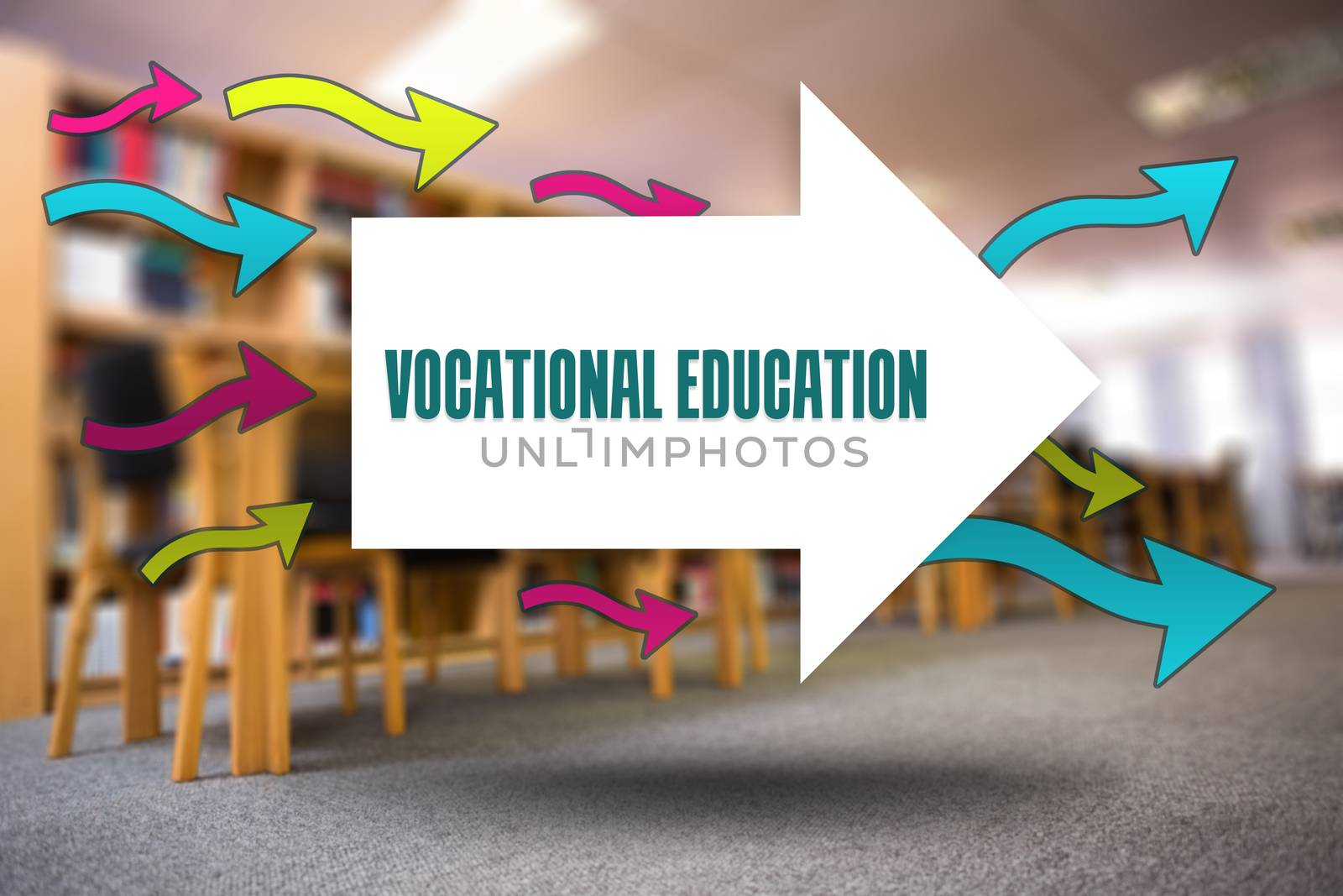 The word vocational education and arrows against volumes of books on bookshelf in library