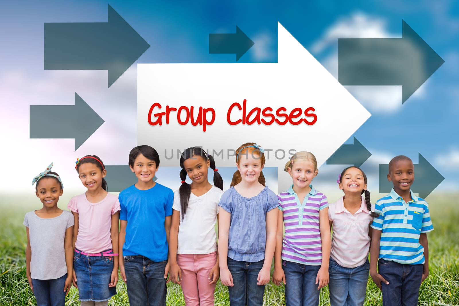The word group classes and cute pupils smiling at camera in classroom against sunny landscape