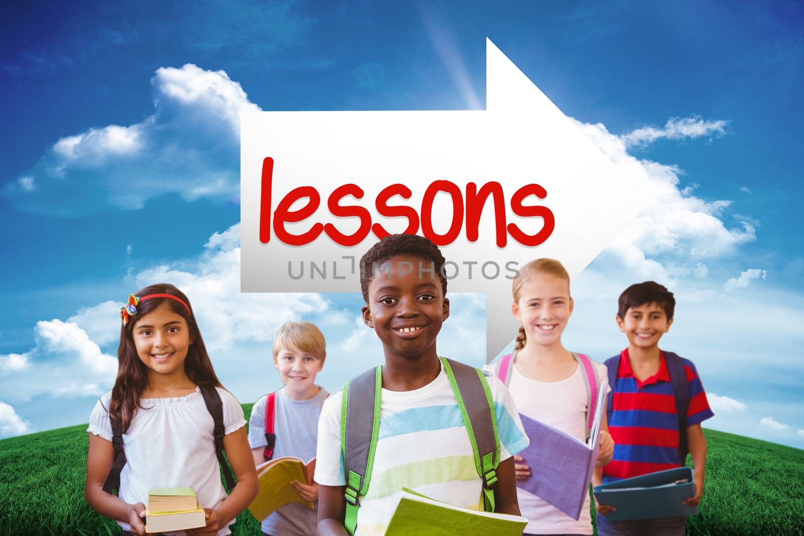 The word lessons and smiling little school kids in school corridor against green hill under blue sky