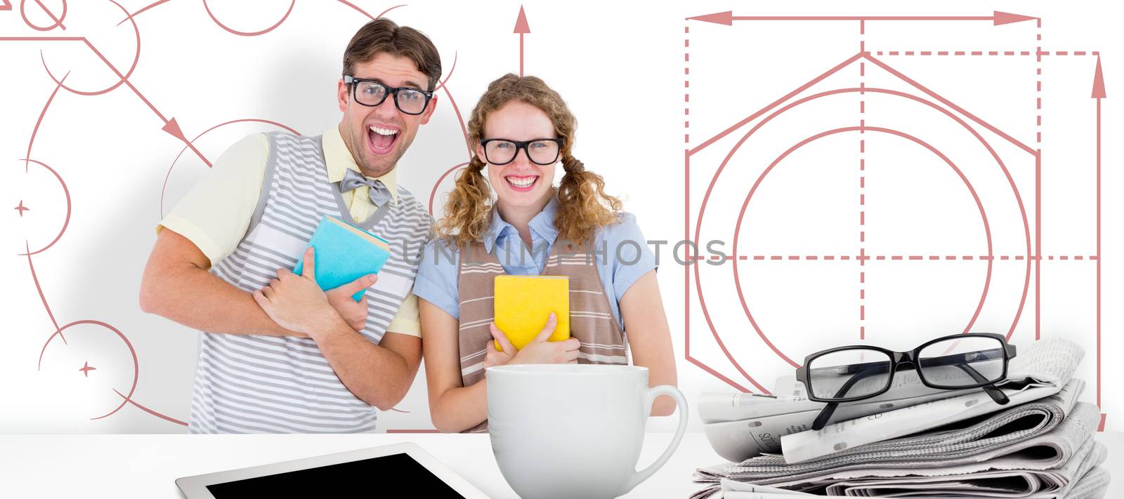 geeky hipster couple holding books and smiling at camera  against blueprint