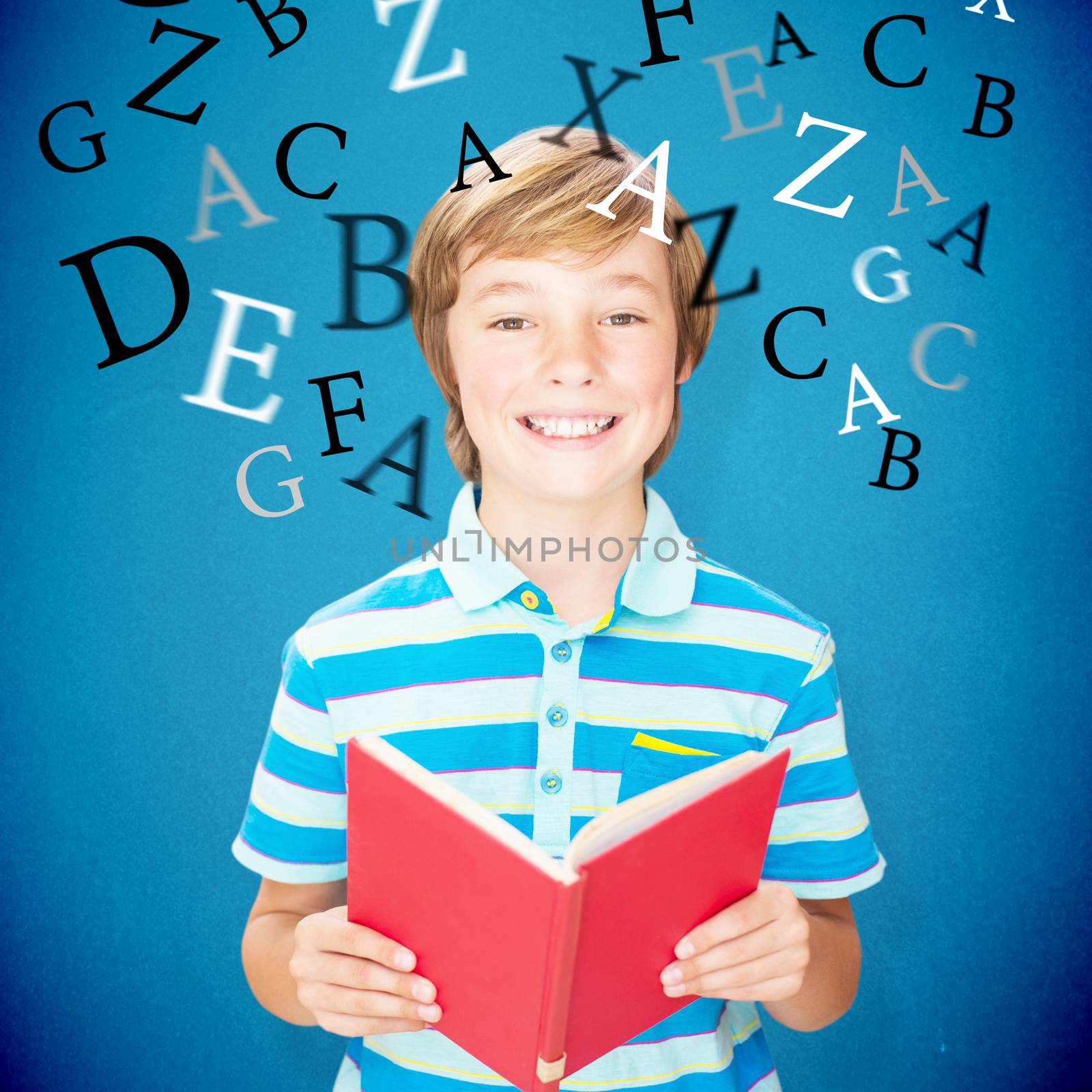 Cute pupil smiling at camera in library  against blue background