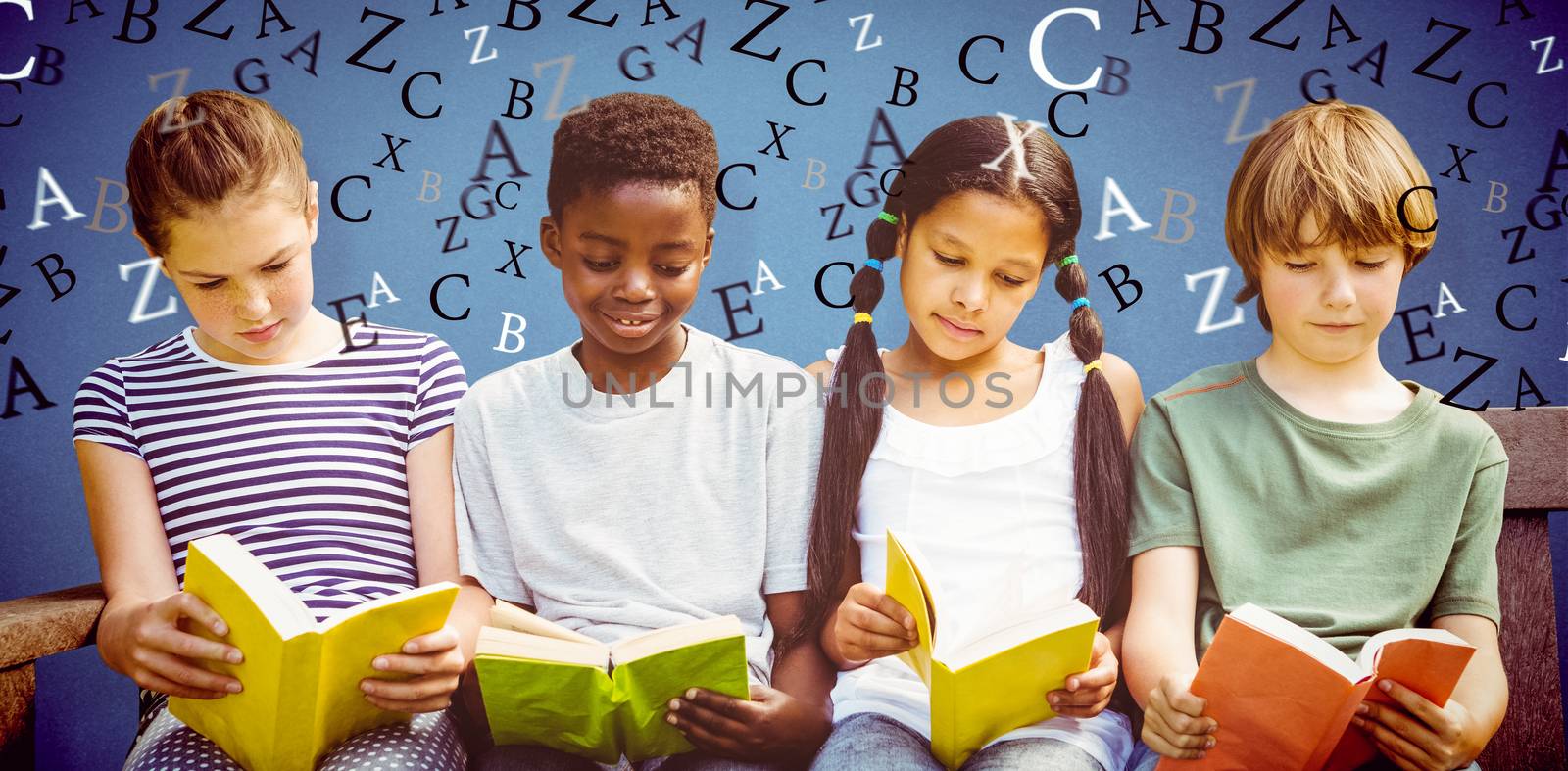 Children reading books at park against blue background