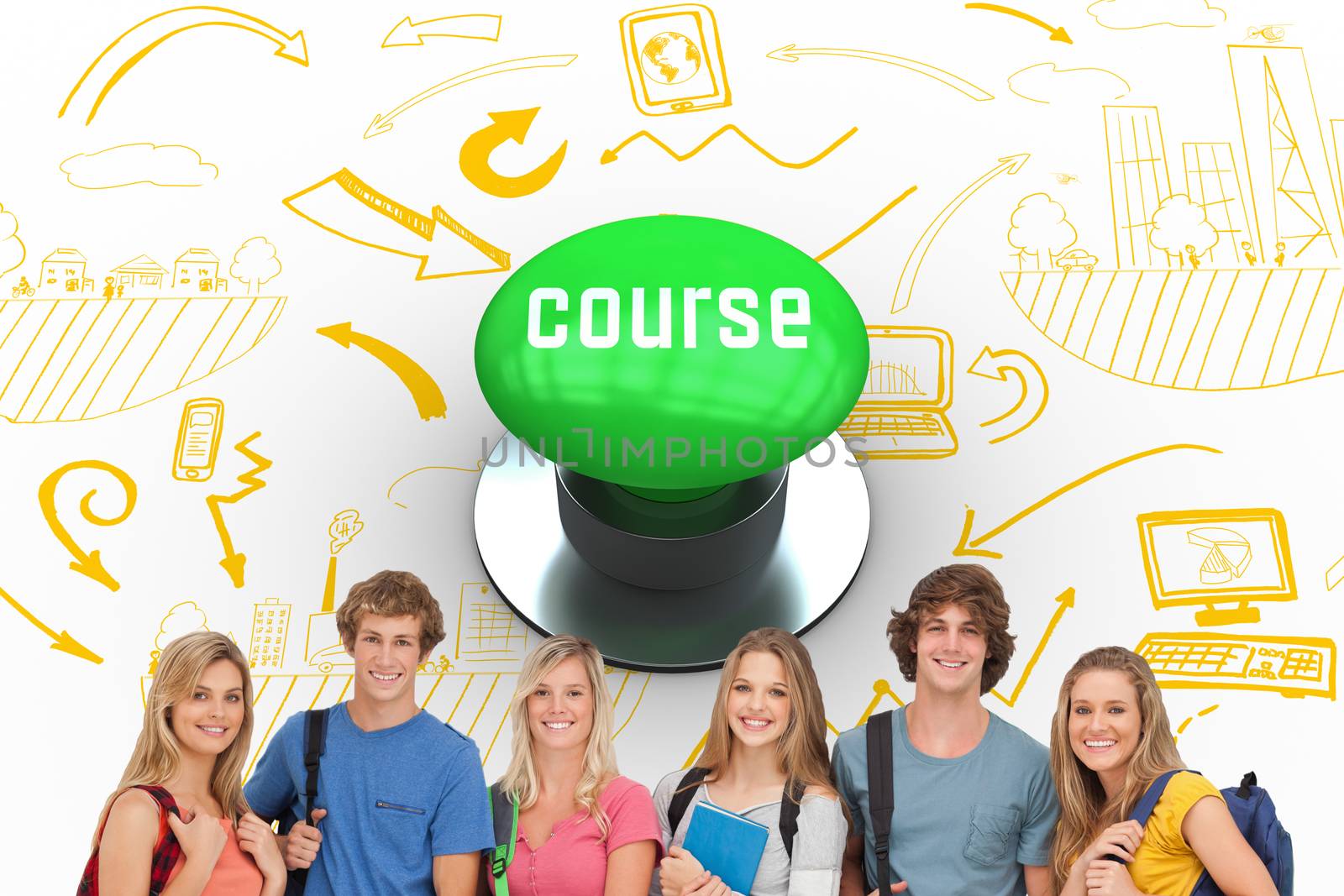 The word course and smiling students all geared up for college against digitally generated green push button