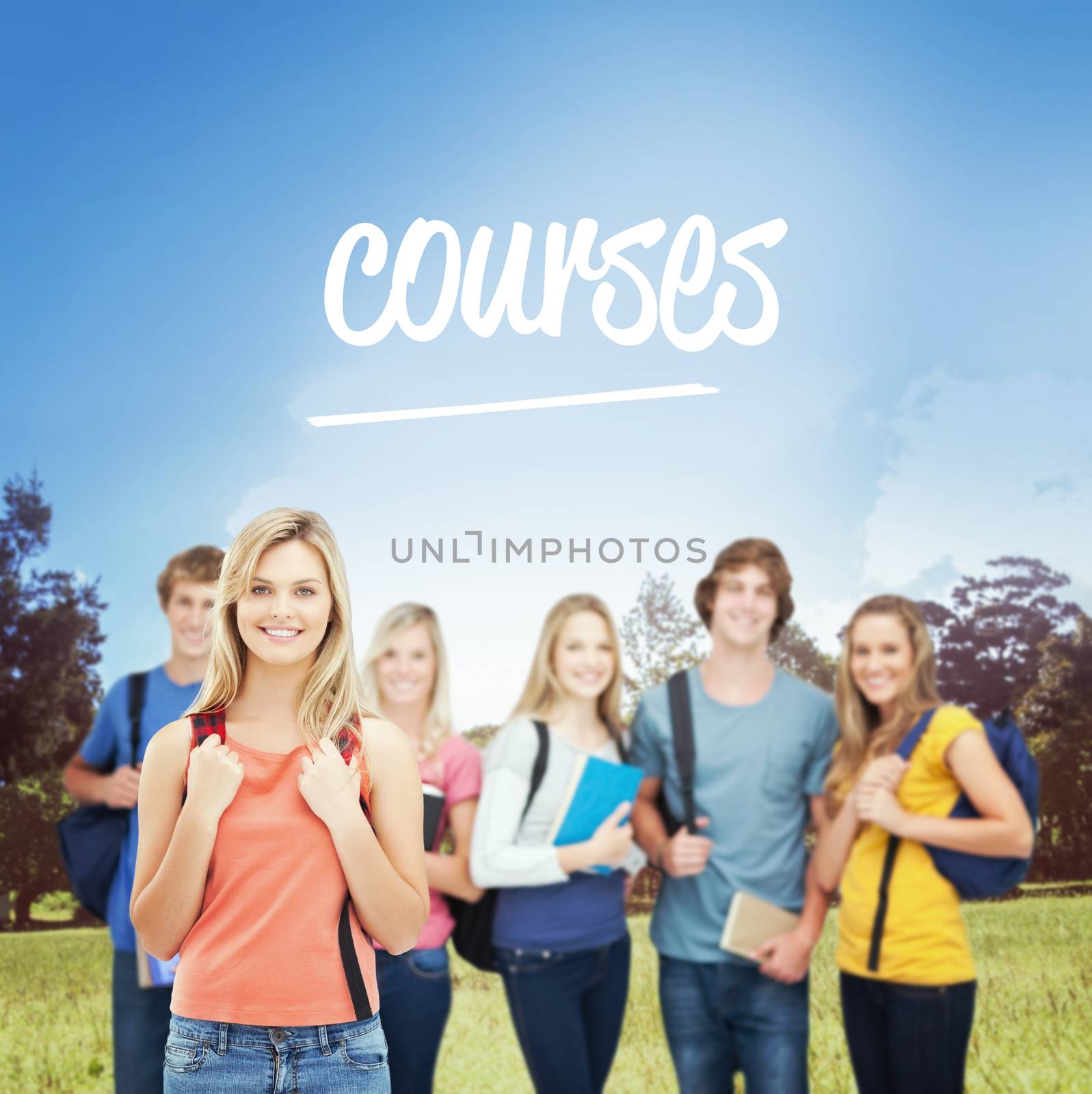 The word courses and a smiling girl stands in front of her college friends against walkway along lined trees in the park