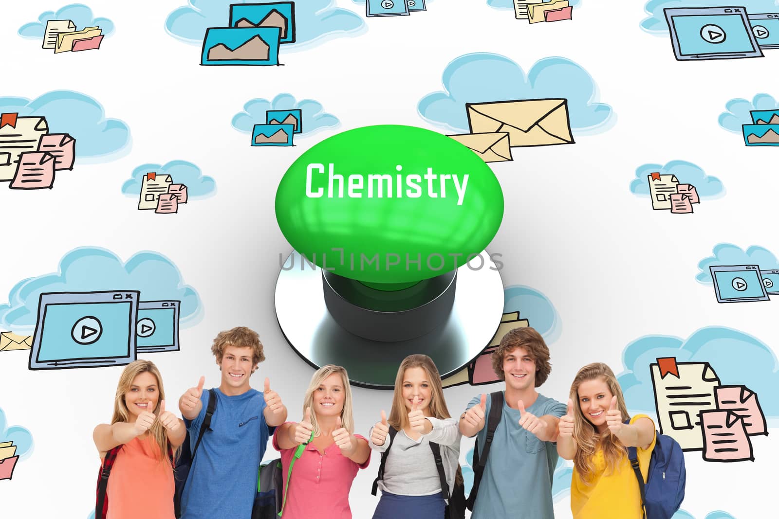 The word chemistry and smiling group giving a thumbs up as they wear backpacks against digitally generated green push button