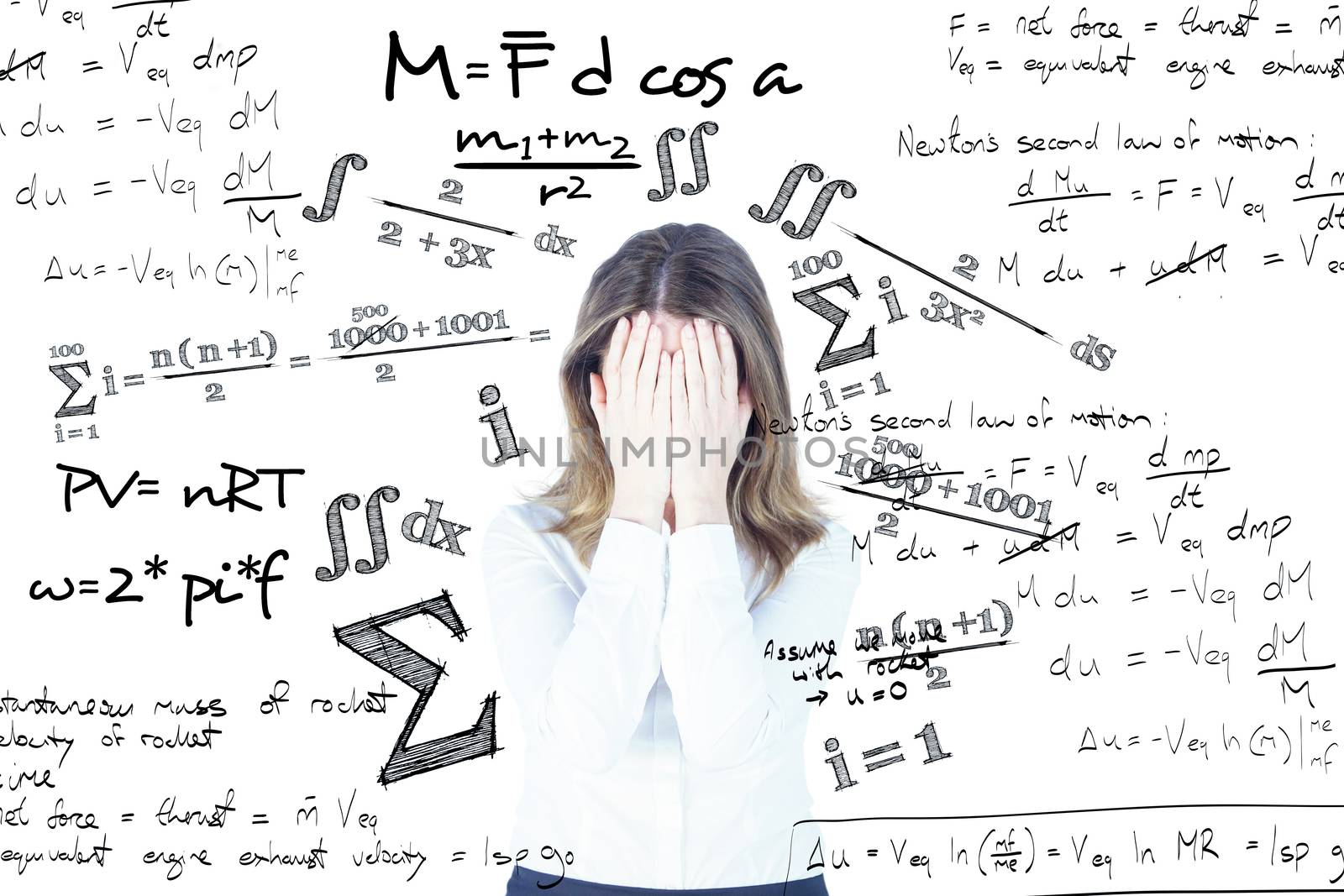 Composite image of  anxious businesswoman with head in hands by Wavebreakmedia