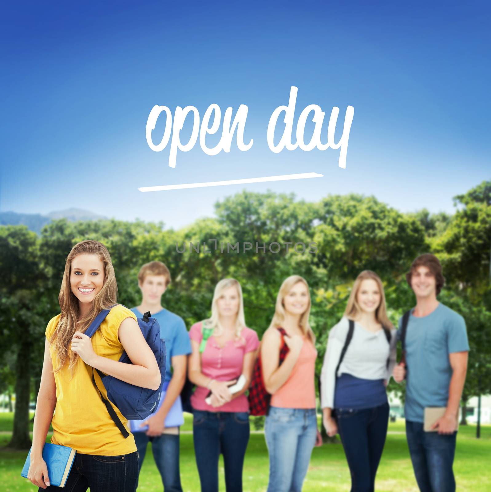 The word open day and a woman standing in front of his friends as she smiles against park