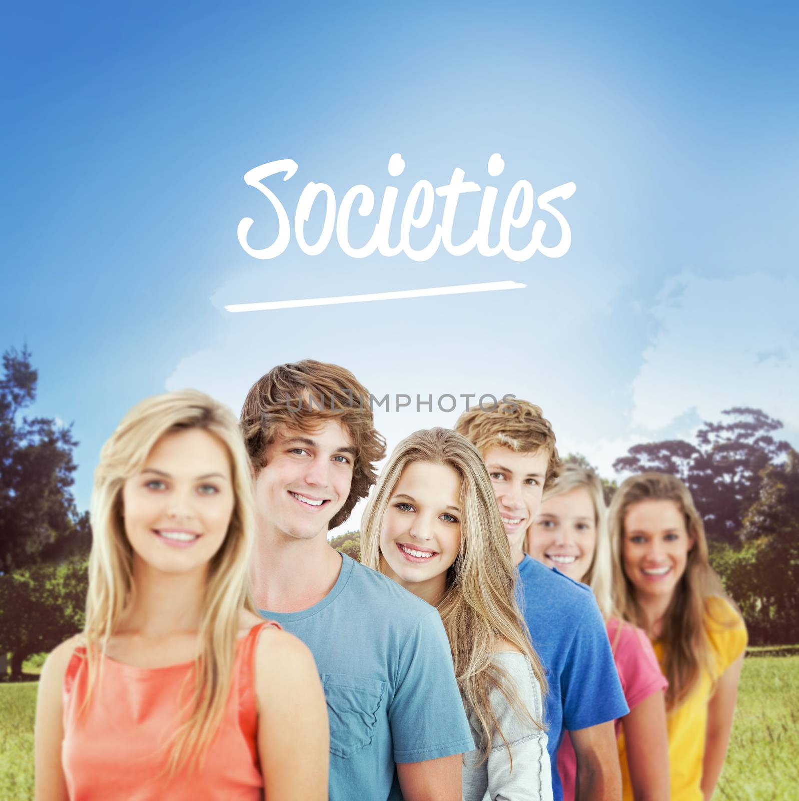 The word societies and a smiling group standing behind each other  against walkway along lined trees in the park