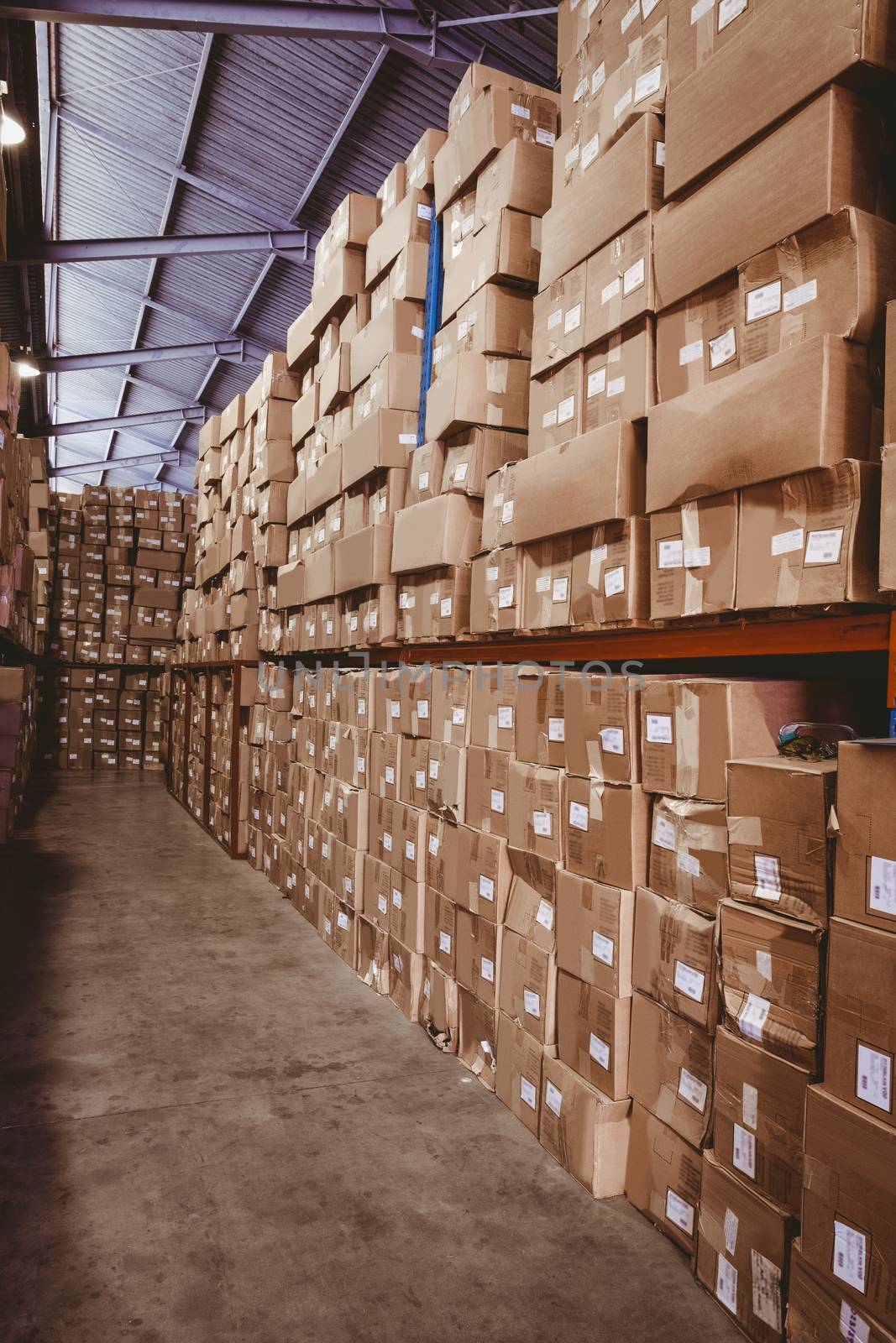 Rows of shelves with boxes in warehouse