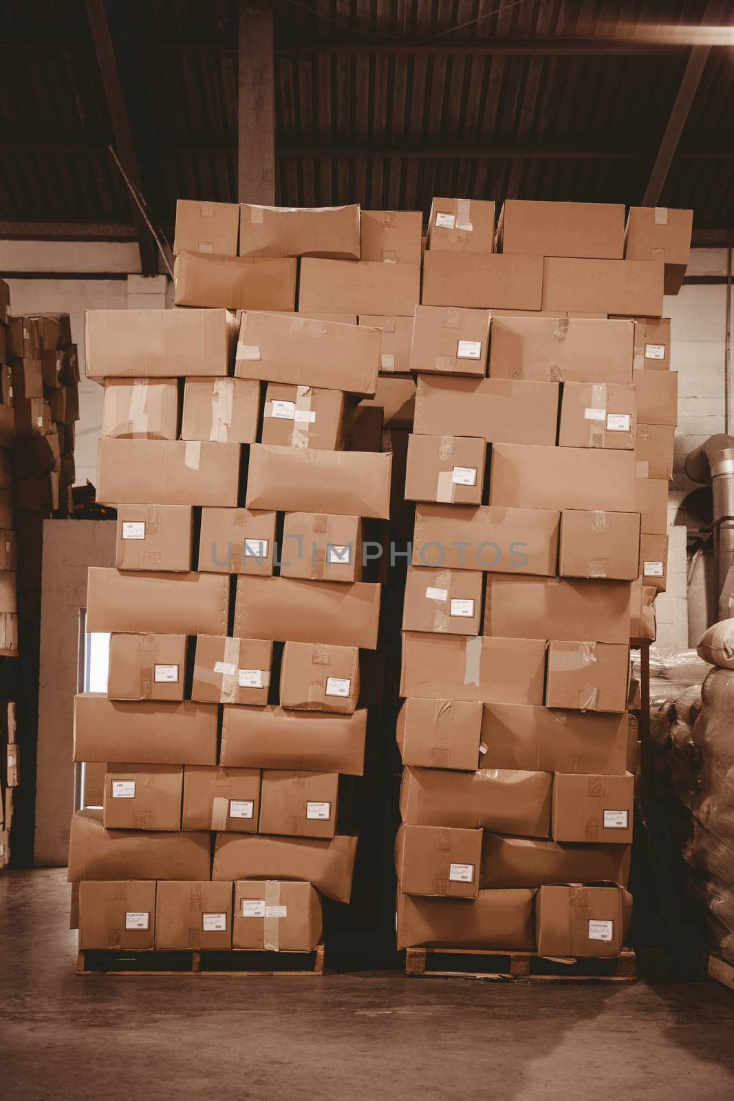 Interior of warehouse with cardboard boxes